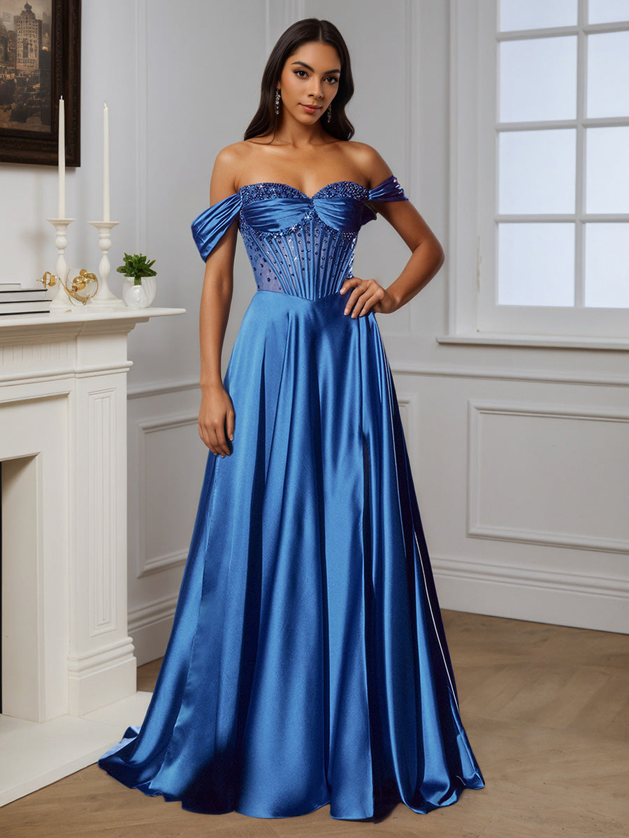 Cicinia Robe de Soirée Bleu Longue A-Line Perlé Épaules Dénudées Traîne Balayée Ravissante