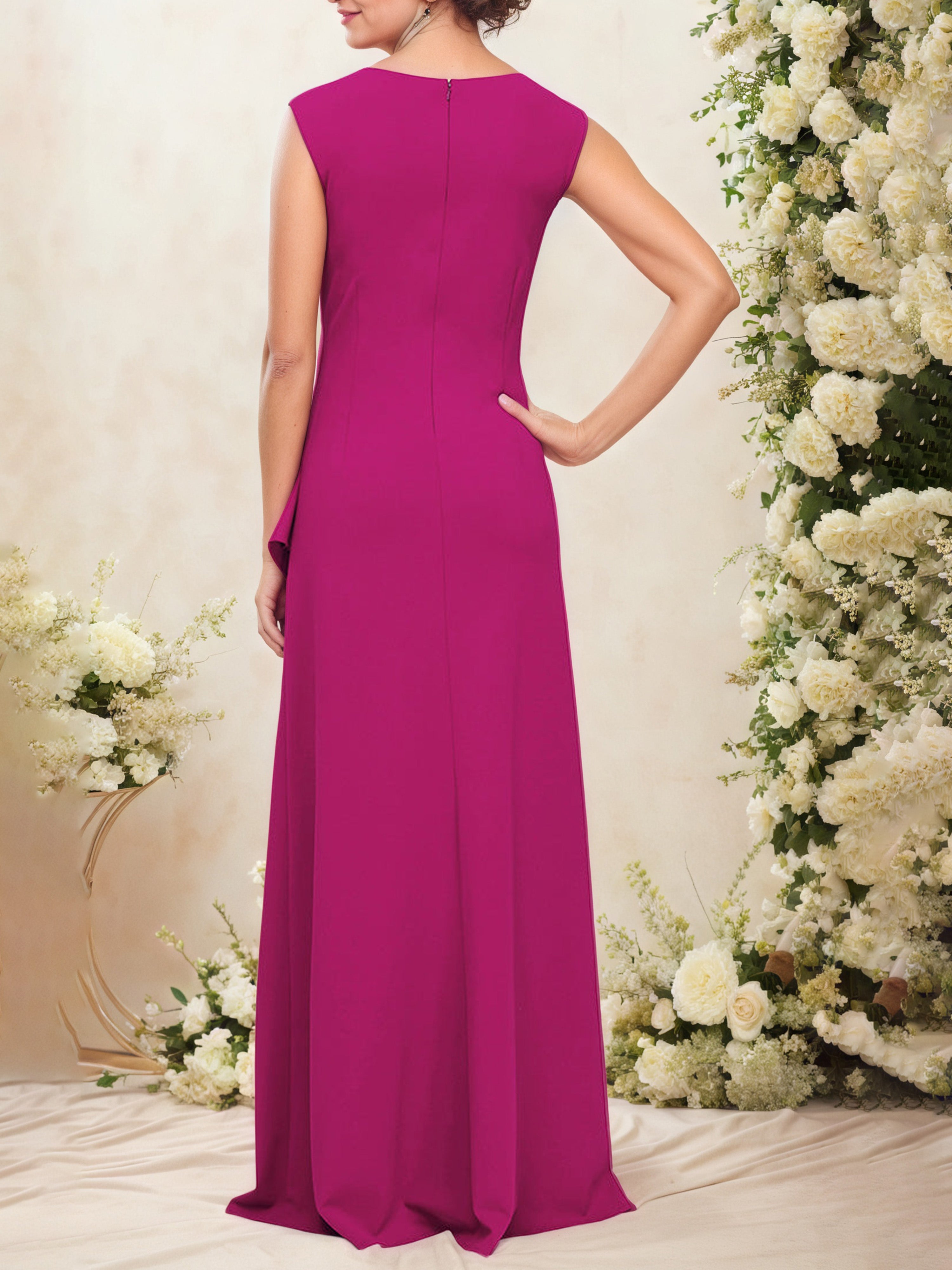 Robe Mère de la Mariée FUCHSIA Col Carré Robe Trapèze avec Volant en Cascade