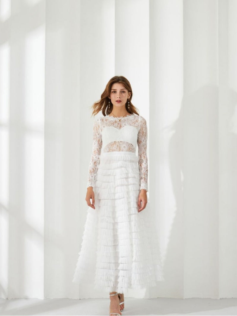 Robe Dentelle Trapèze Col Rond Manches Longues Robe de Soirée en Blanc