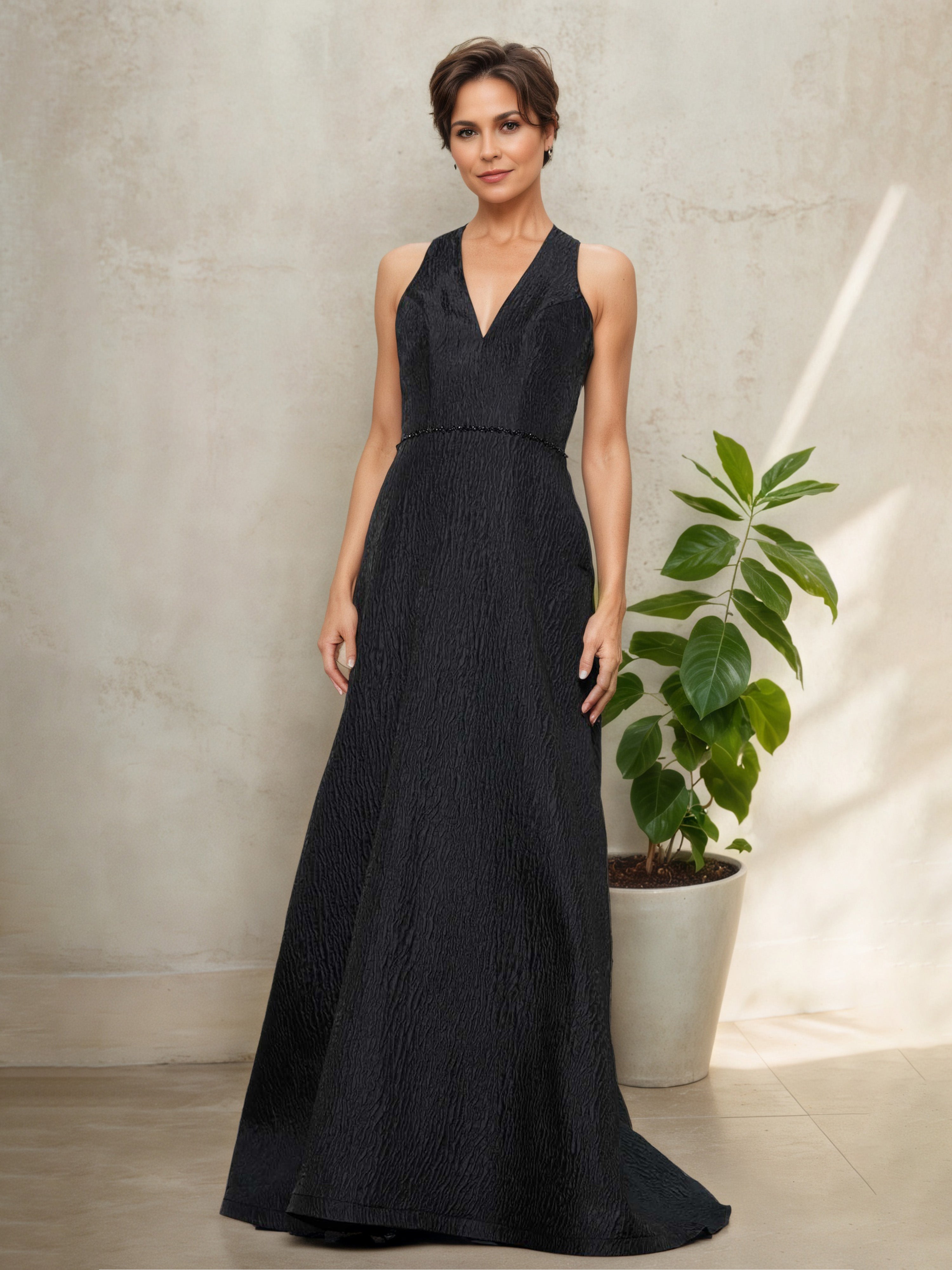 Robe Mère de la Mariée Noire Foncé à Décolleté en V avec Manches et Châle