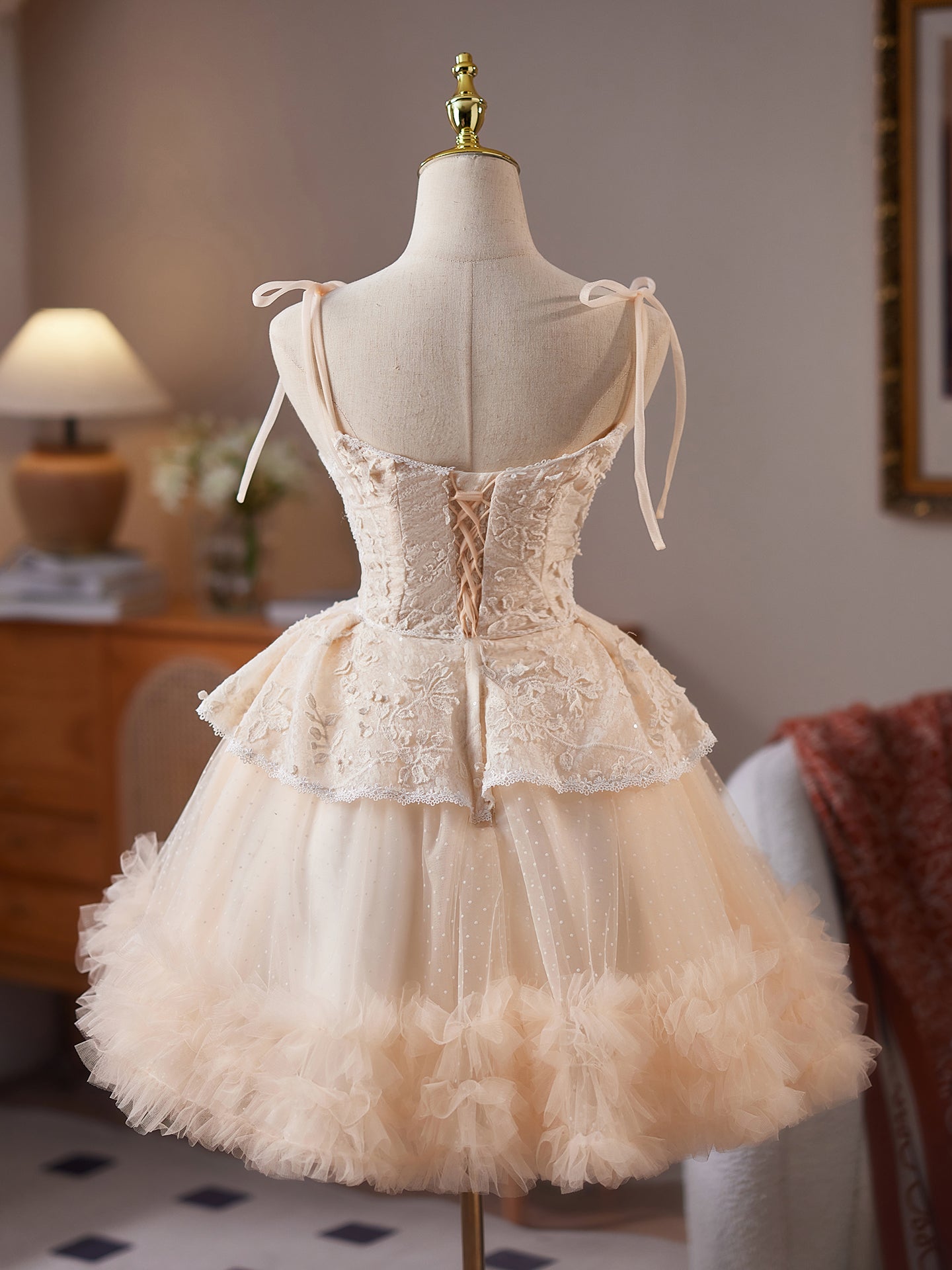 Robe de Homecoming Champagne Encolure V à Bretelles Fines Style A-Line Charmante