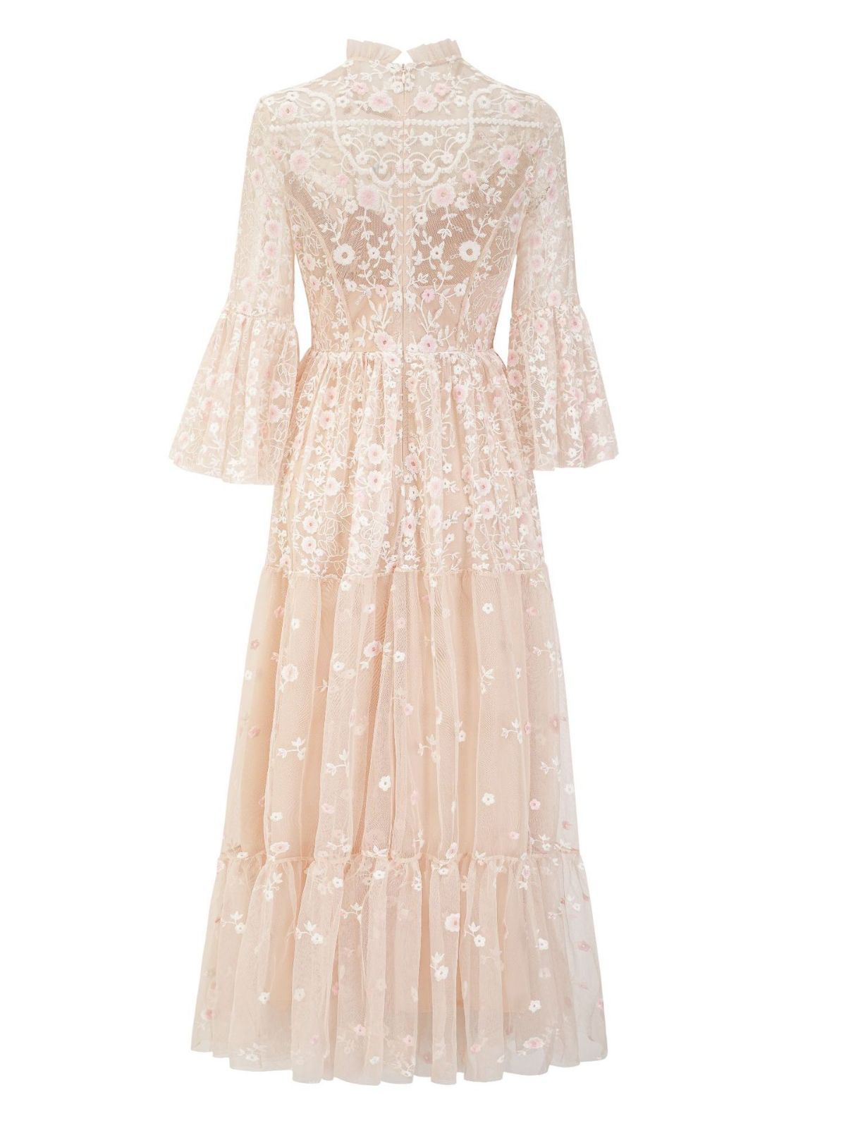 Robe en Tulle Brodée à Fleurs Manches 3/4 Robe de Soirée