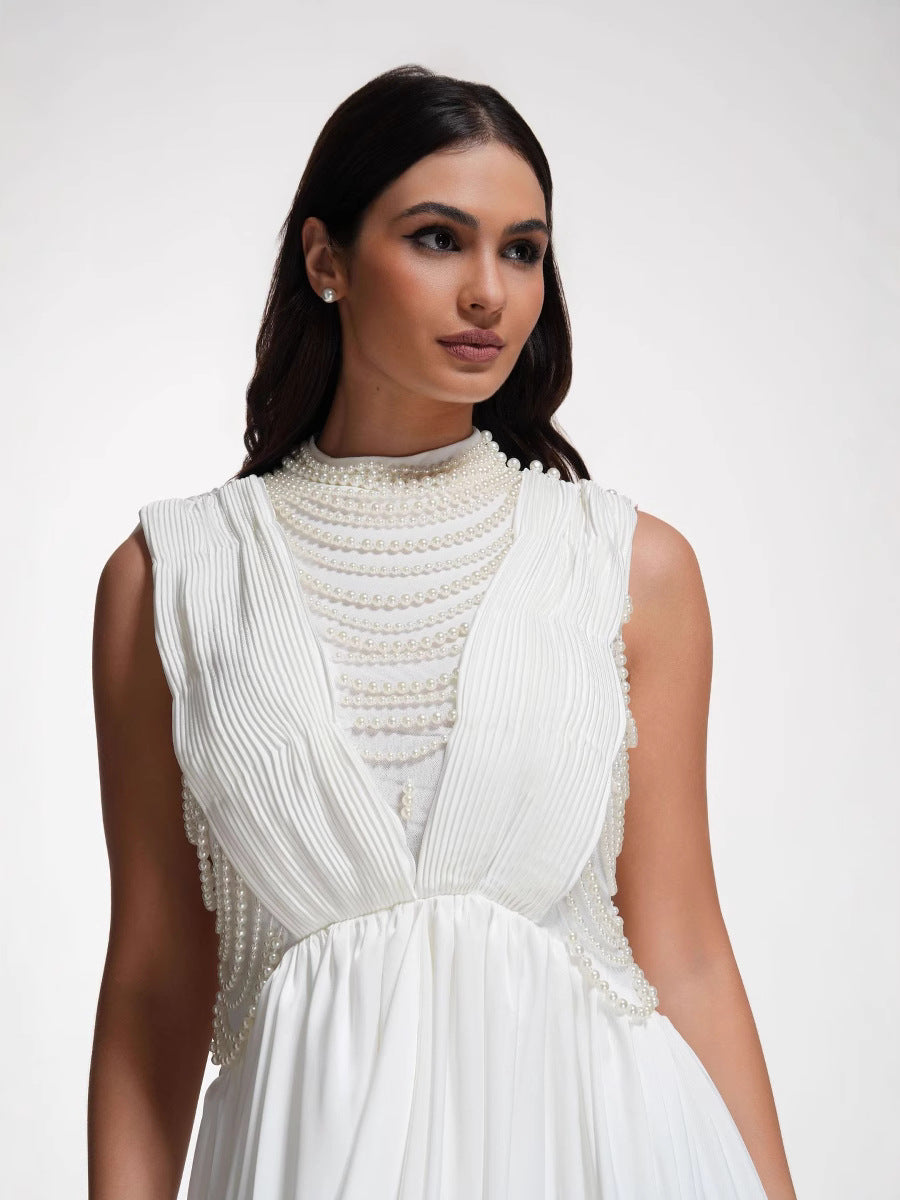 Robe Longue Asymétrique Col Rond Sans Manches Robe de Soirée en Blanc