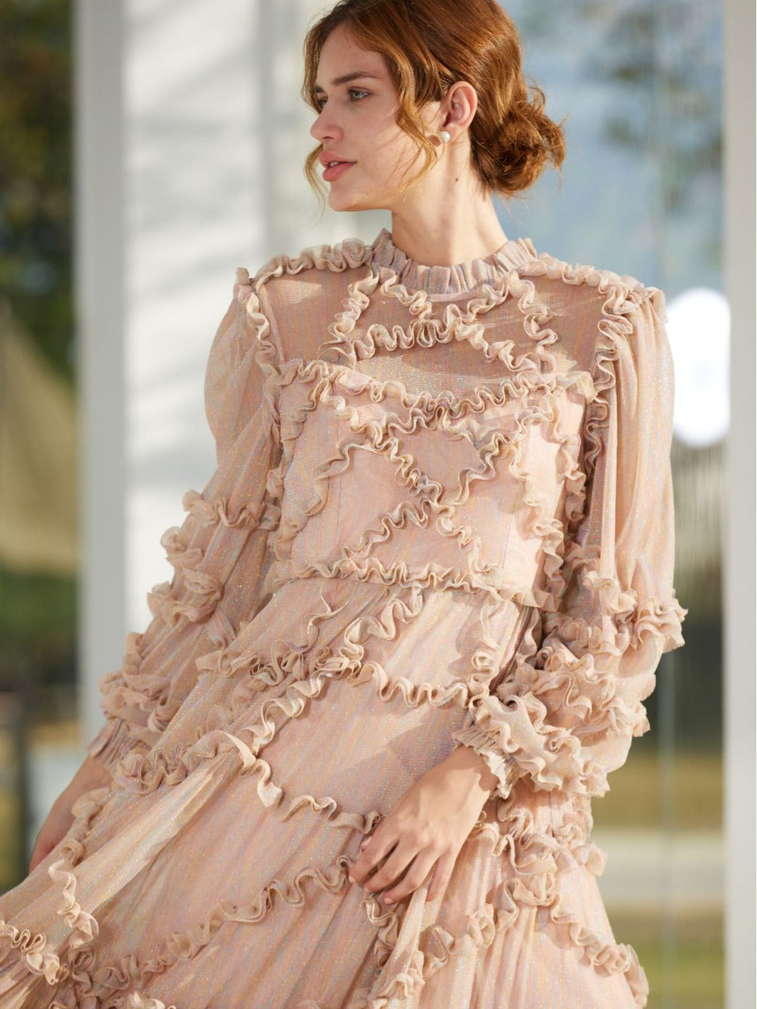 Robe Trapèze Empire Col Rond Manches Longues Robe de Soirée en Rose