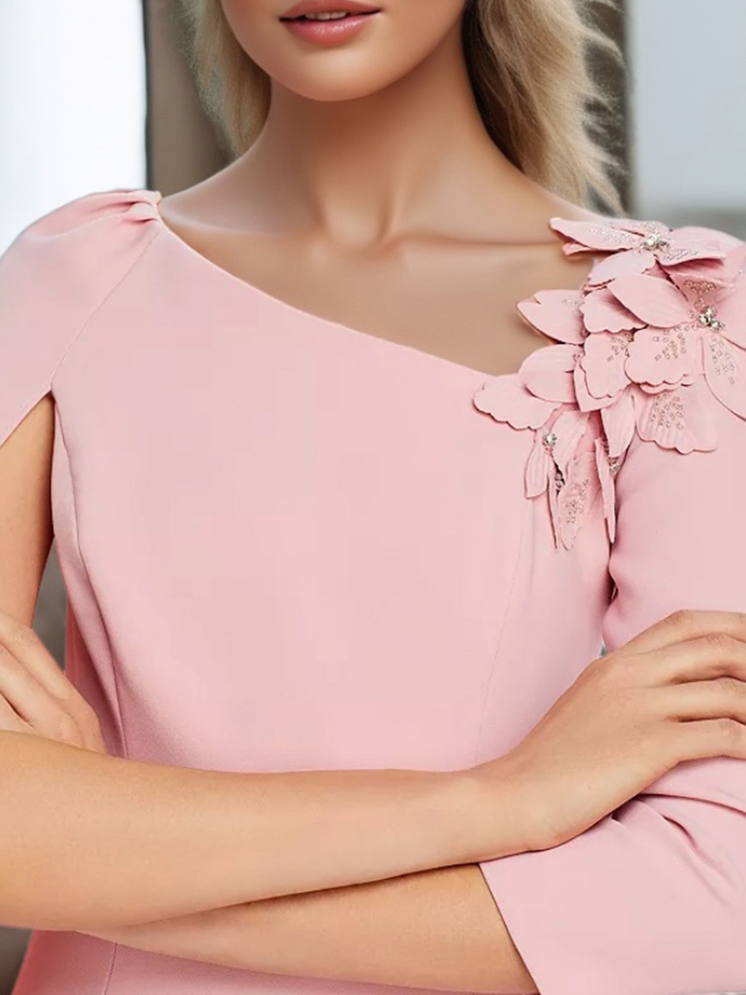 Robe de Soirée Rose Fourreau/Colonne Mousseline Manches 3/4