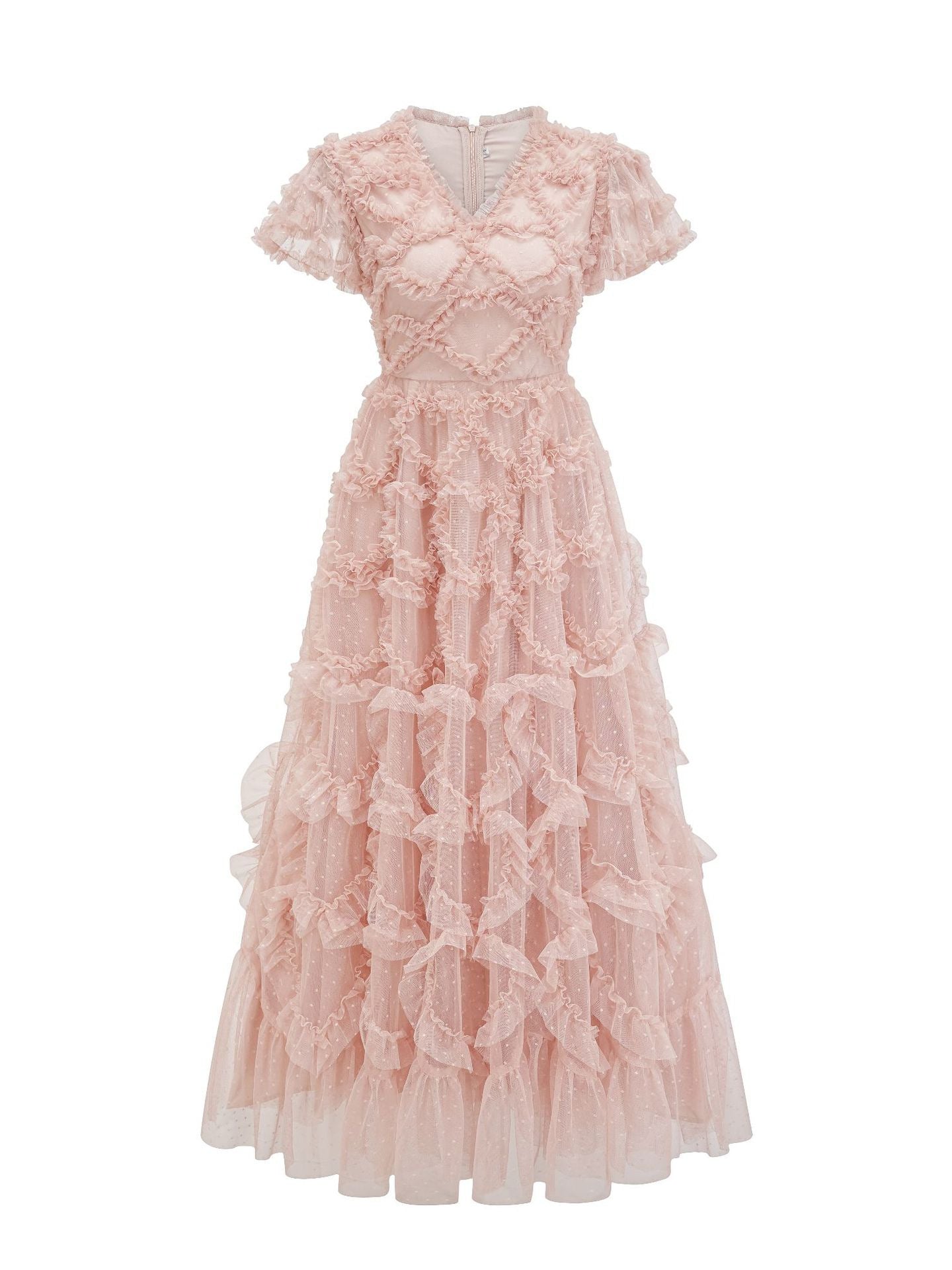 Robe Longue Trapèze Col V Manches Courtes Robe de Soirée en Rose