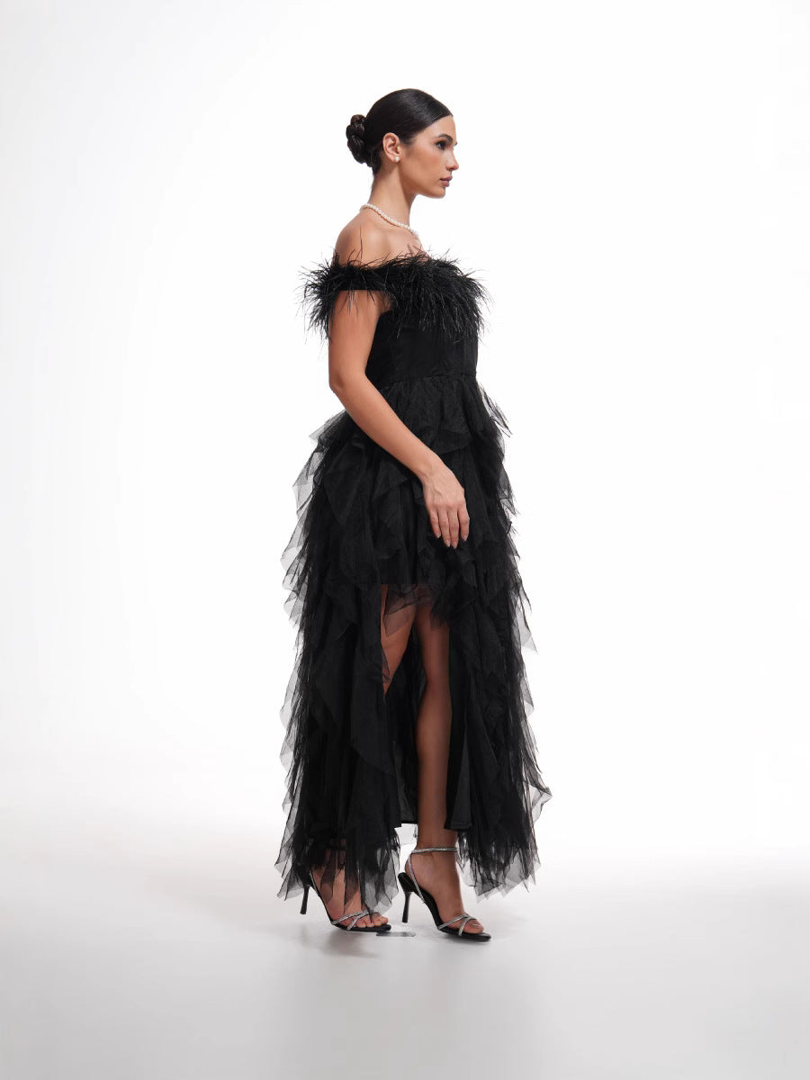 Robe Longue Trapèze Épaule Dénudée Sans Manches Robe de Soirée en Noir