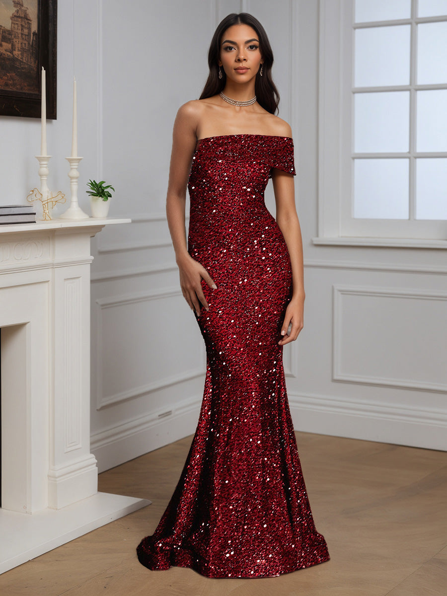 Cicinia Robe de Soirée BORDEAUX Sirène Longue à Paillettes Seule Épaule avec Traîne Balayée