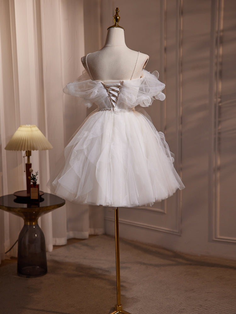 Robe de mariée Court Fleurs Épaules Dénudées en Tulle avec Fleurs et Perles