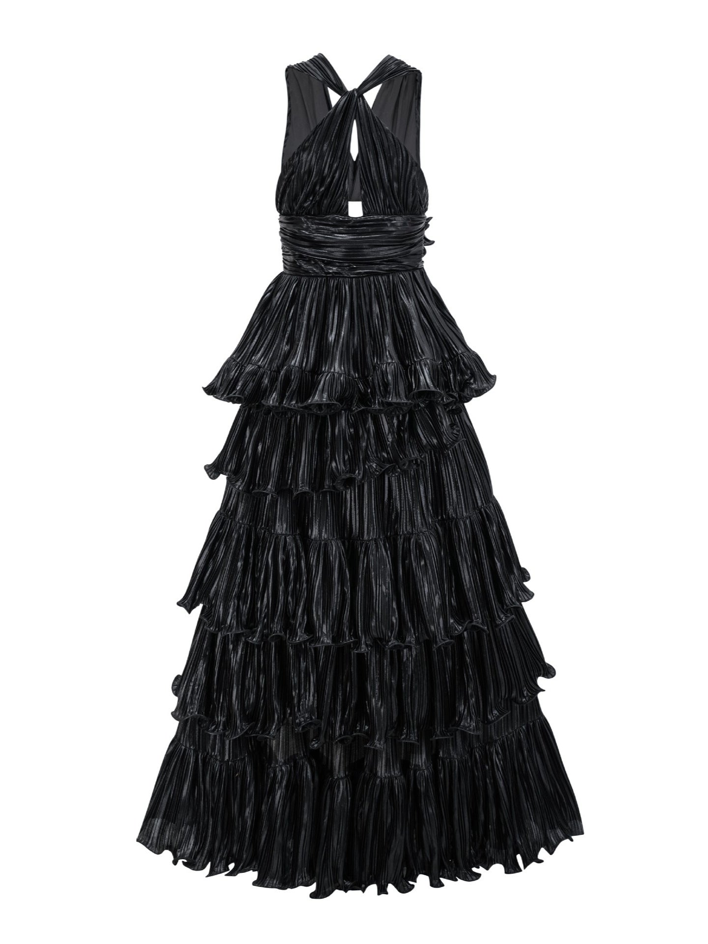 Robe Longue Asymétrique Col V Sans Manches Robe de Soirée en Noir