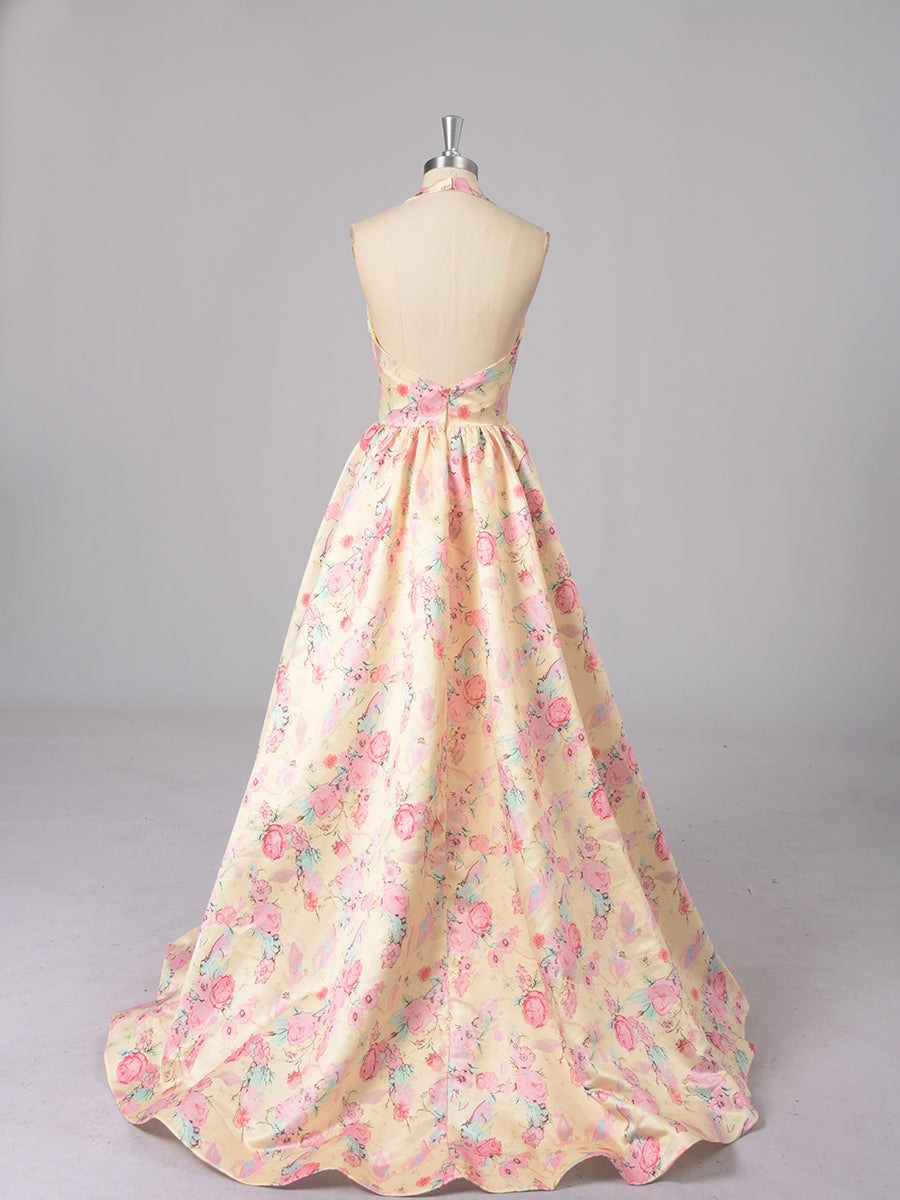 Cicinia Jaune Robe de Soirée Longue en Tissu Imprimé A-Line Décolleté en V Plongeant Dos Nud Halter