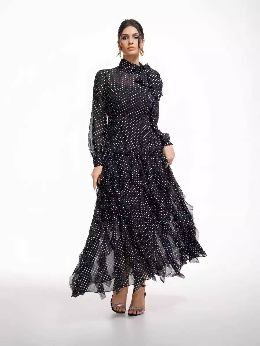 Robe Noeud Papillon Trapèze Col Roulé Mi-Haut Manches Longues Robe de Soirée en Noir