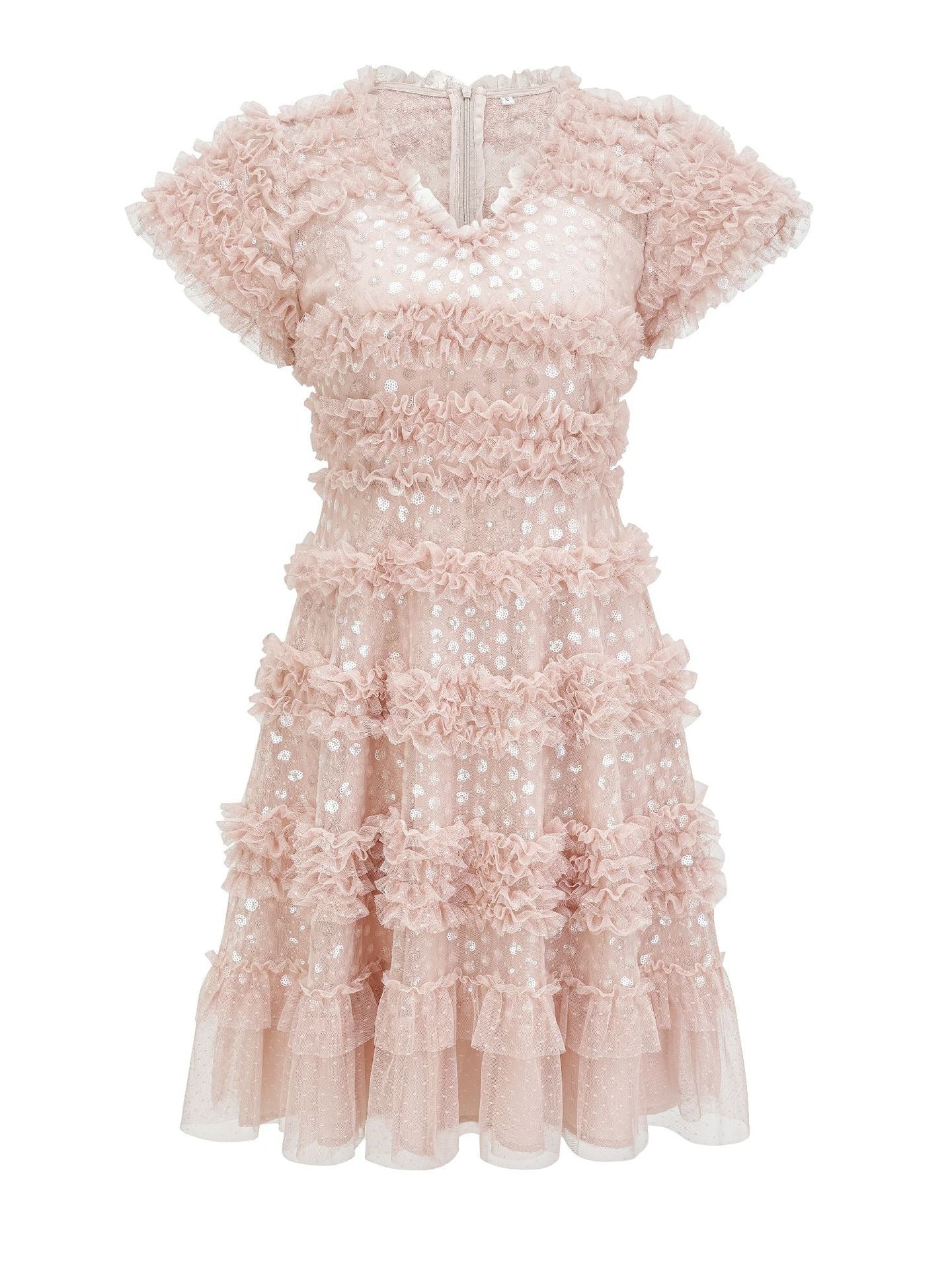 Robe Courte Paillettes Trapèze Col V Manches Courtes Robe de Soirée en Rose Perle