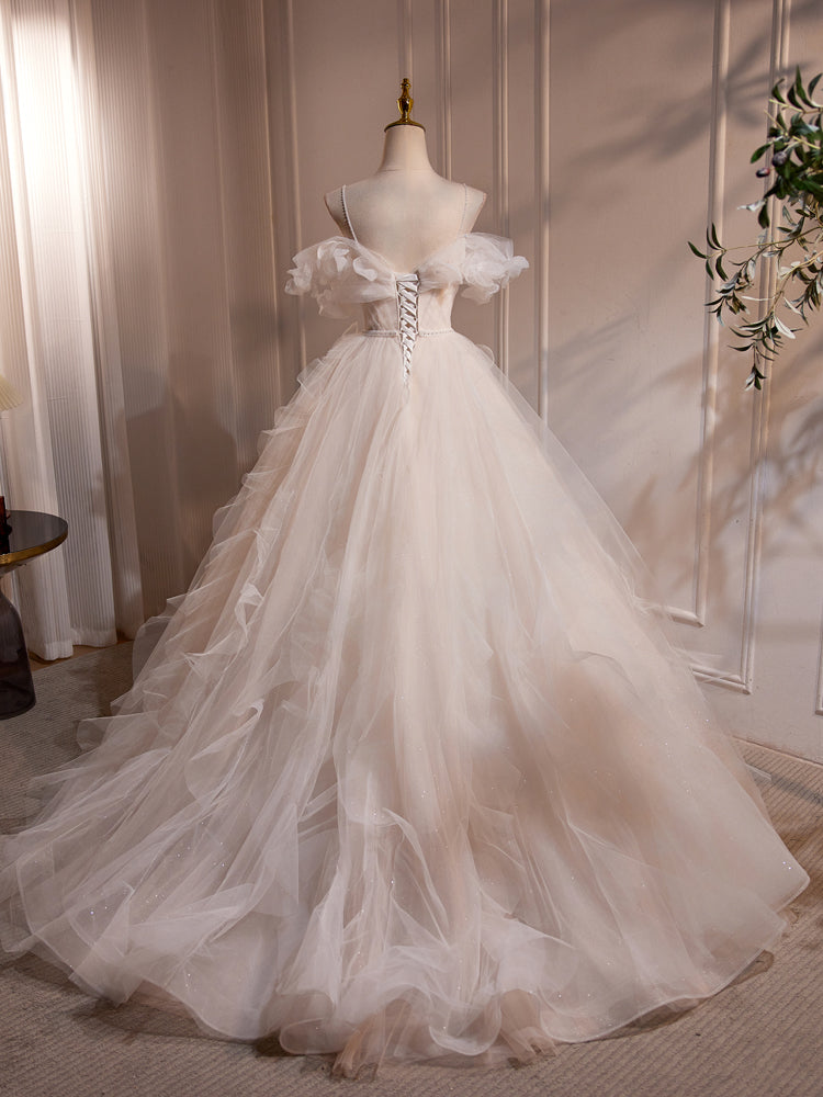 Robe de mariée Fleurs Épaules Dénudées en Tulle avec Balayage et Perles
