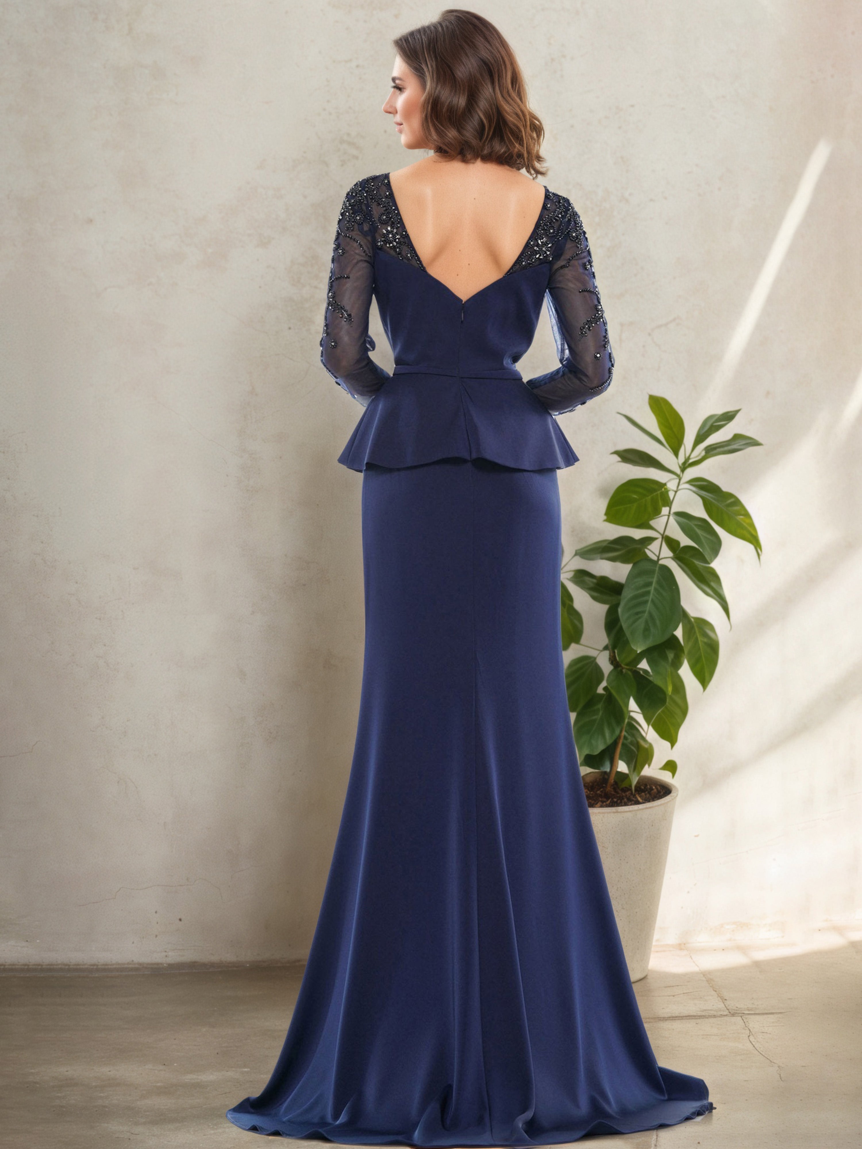 Robe Mère de la Mariée Bleu Marine Trompette Bodycon à Manches Longues avec Overlay Sophistiqué