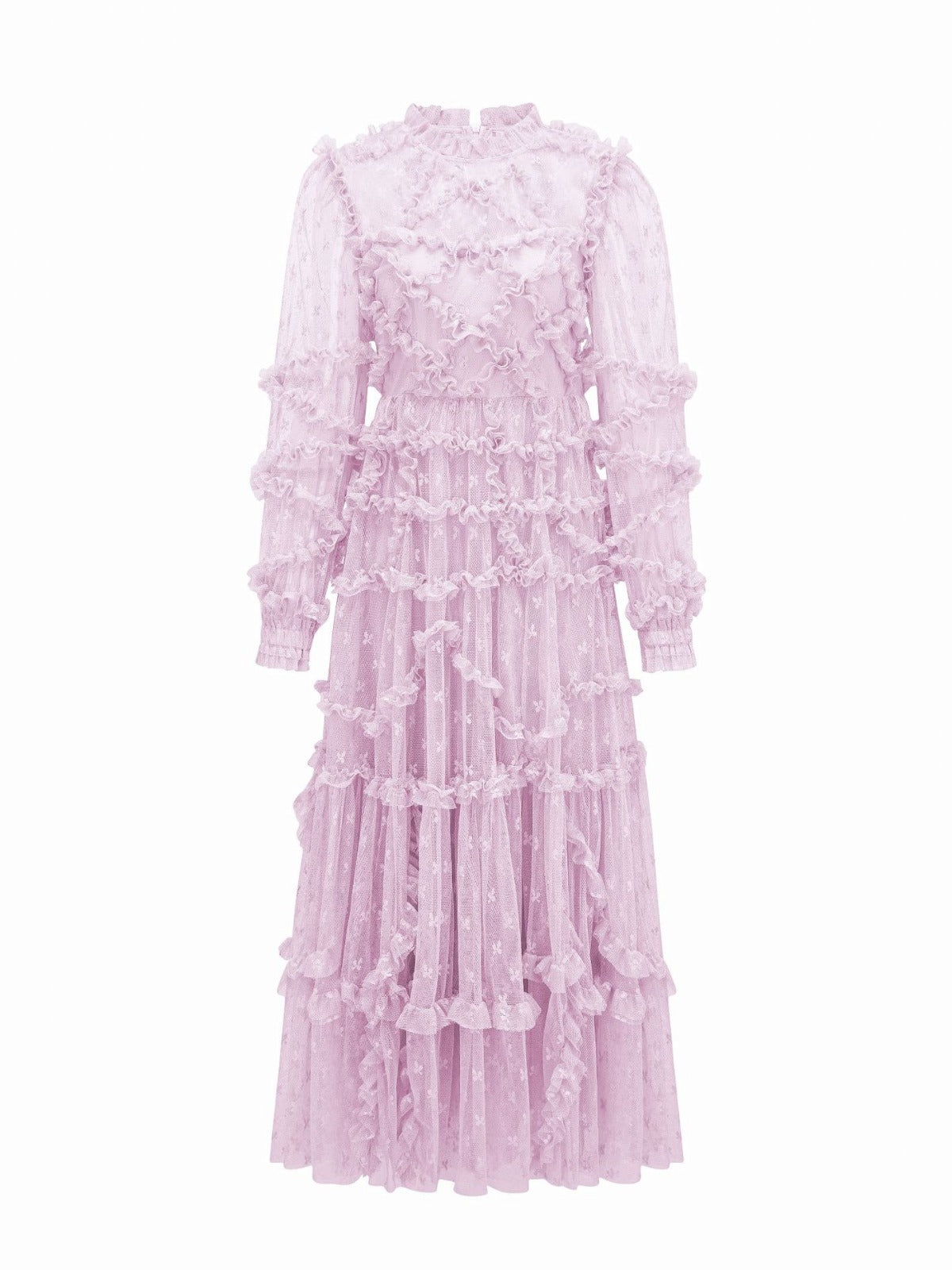 Robe Longue Broderie Trapèze Col Rond Manches Longues Robe de Soirée en Lilas