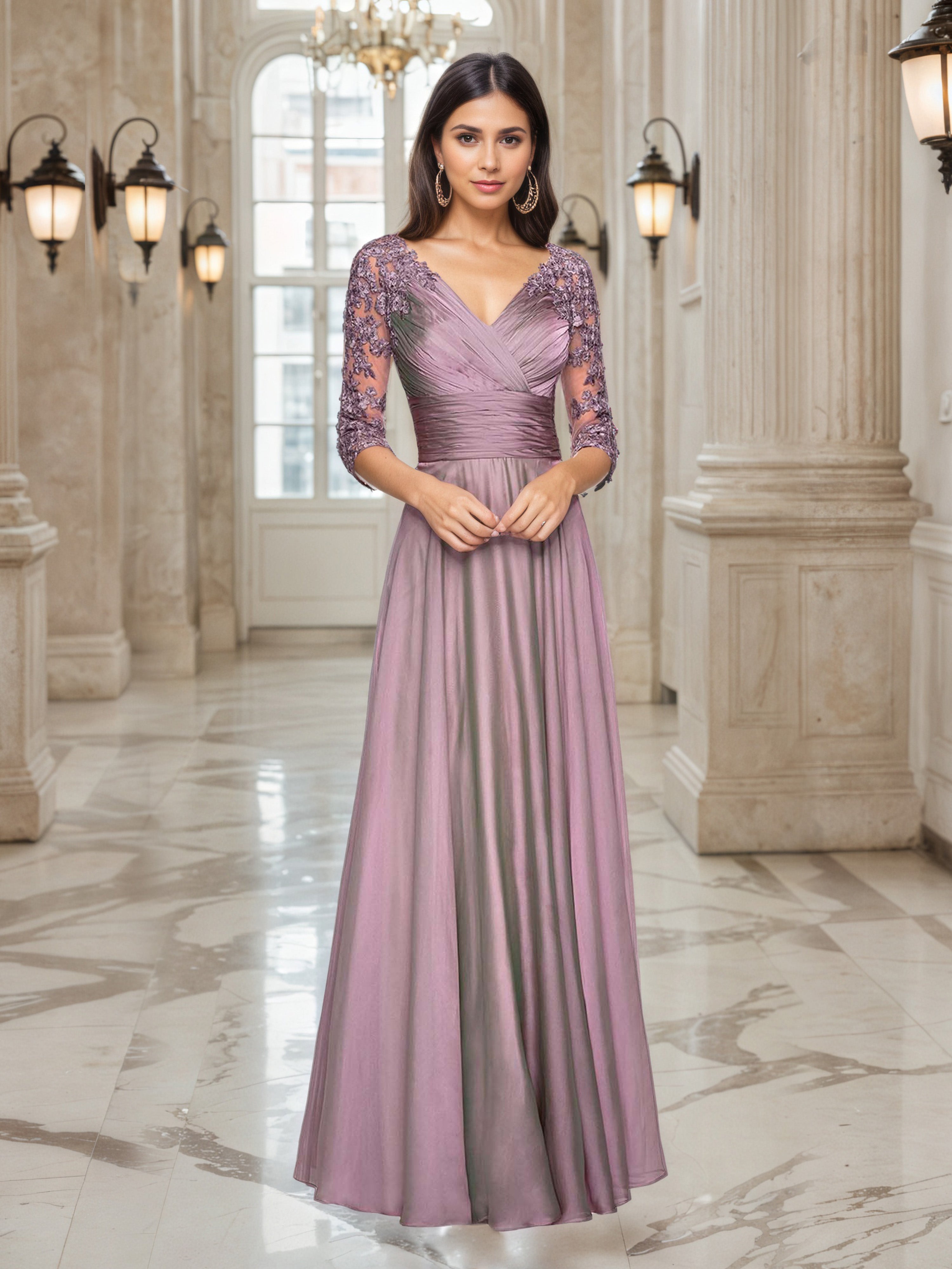 Elégante Robe de Soirée GLYCINE Col V Trapèze à Manches 3/4