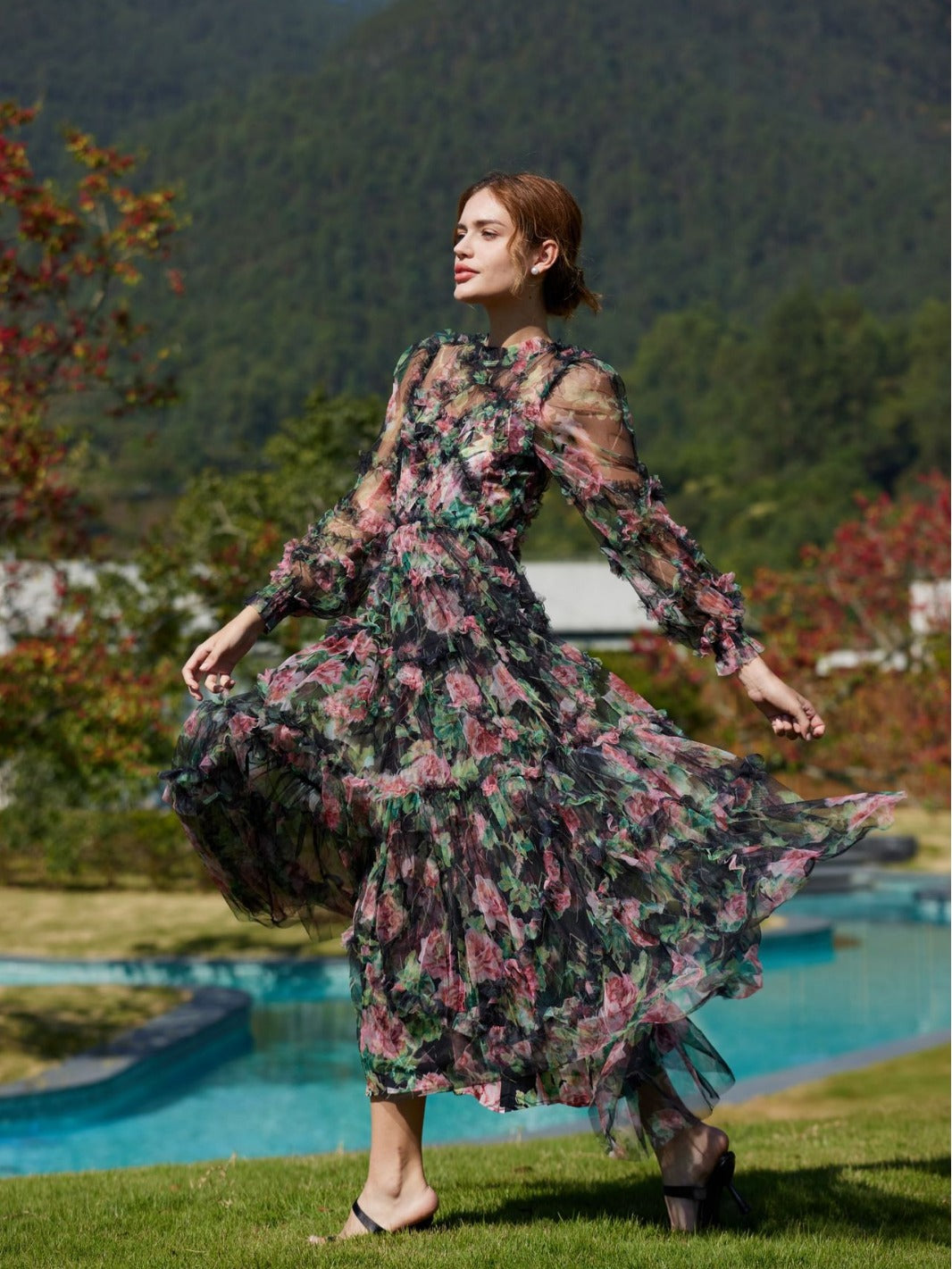 Robe Trapèze Col Rond à Volants Manches Longues Robe de Soirée en Noir