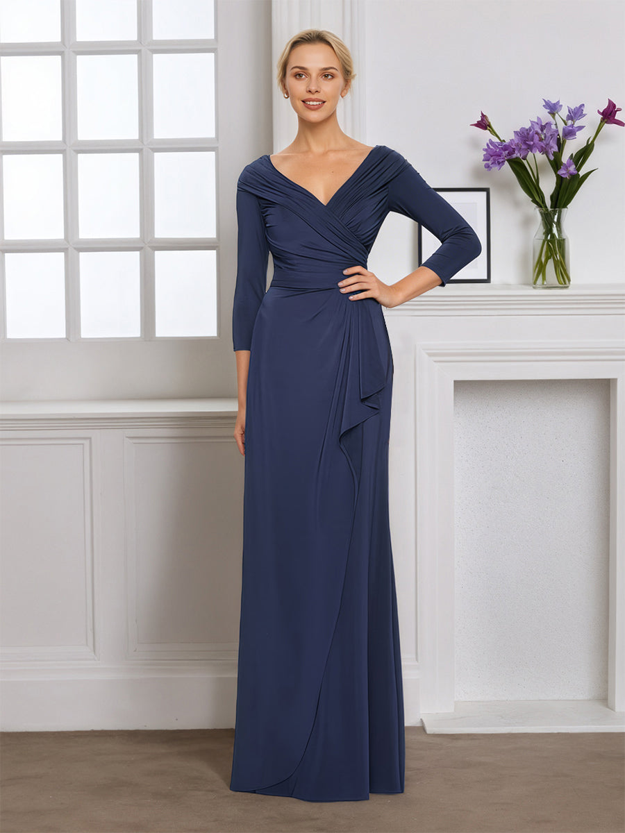 Cicinia Robe pour Mère de la Mariée BLEU MARINE Longue Fourreau Décolleté en V avec Traîne Balayée