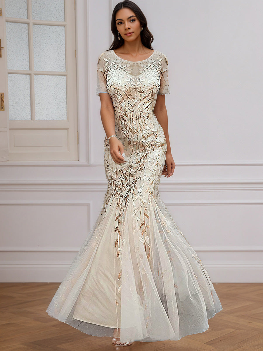 Cicinia Robe de Soirée en Champagne Longue en Dentelle Manches Courtes Décolleté en Coeur Ravissante