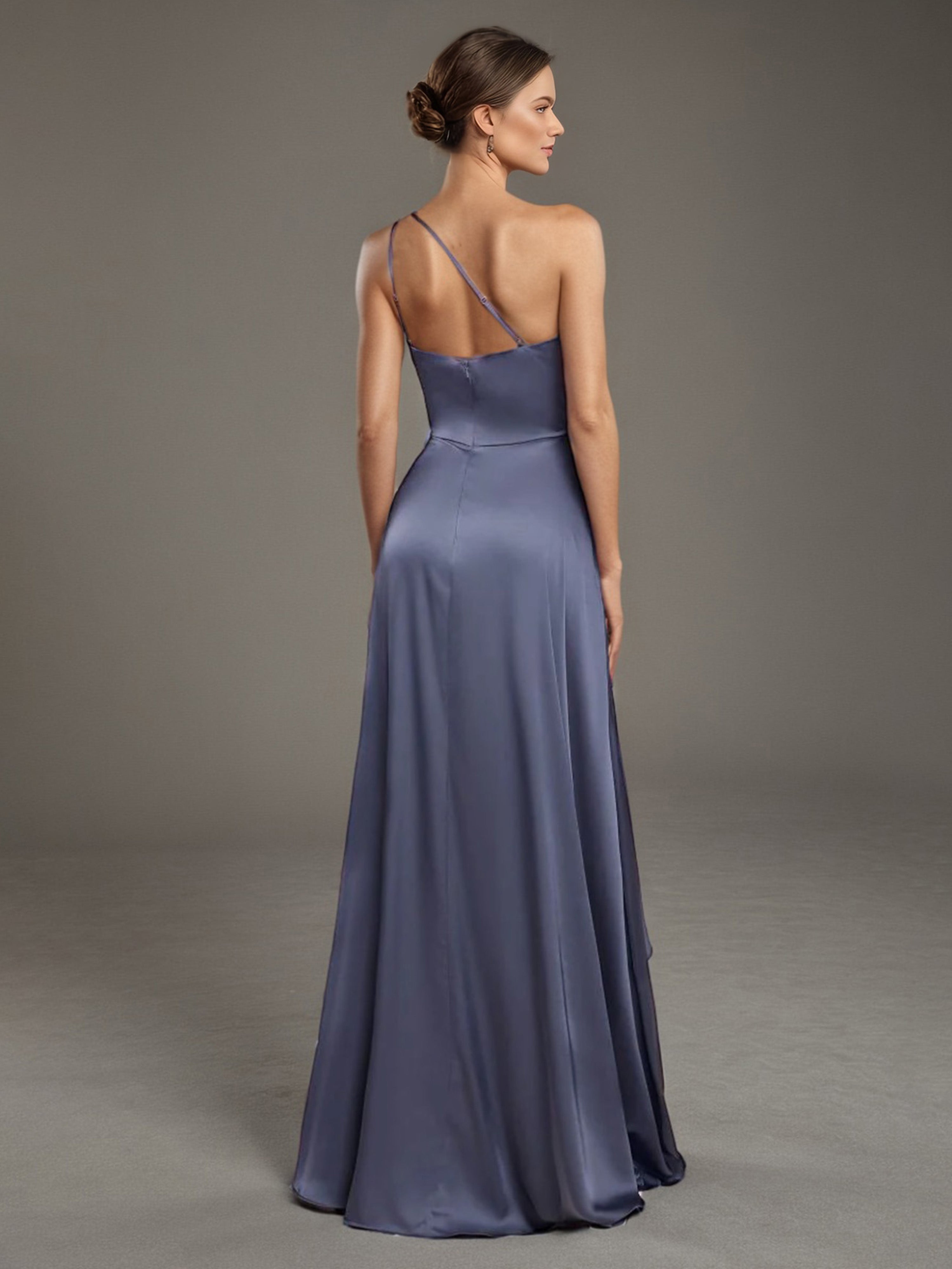 Robe de Soirée ORAGEUX Trapèze Seule épaule Satin Doux Robe de Soirée à traîne