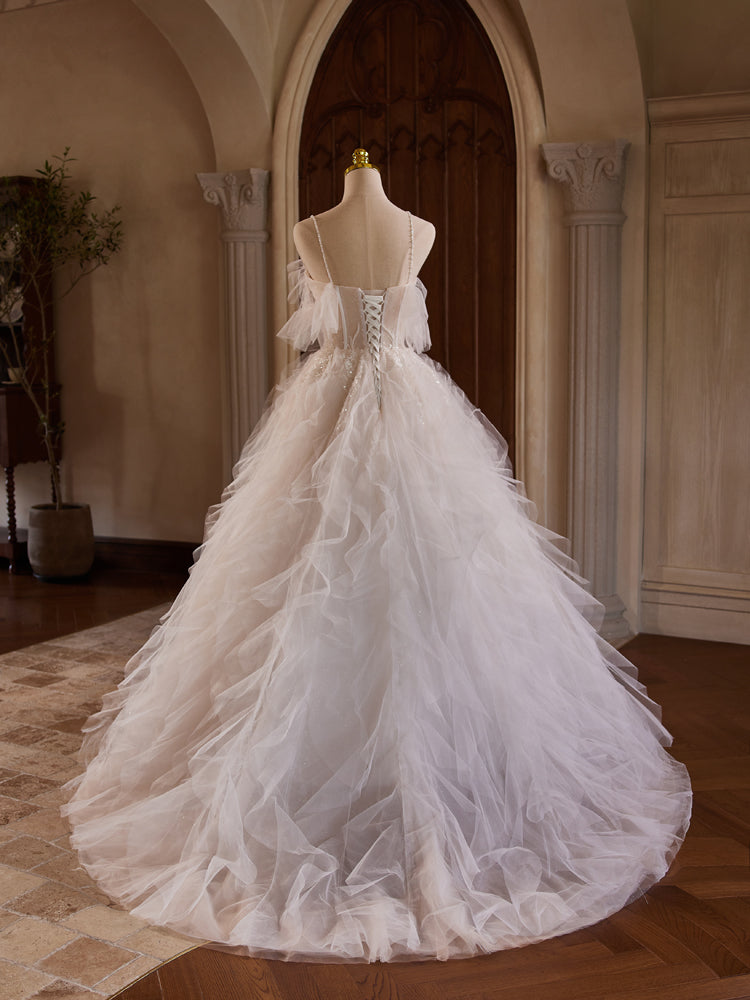 Robe de Mariée en Tulle à Volants et Épaules Dénudées Longueur Ras du Sol