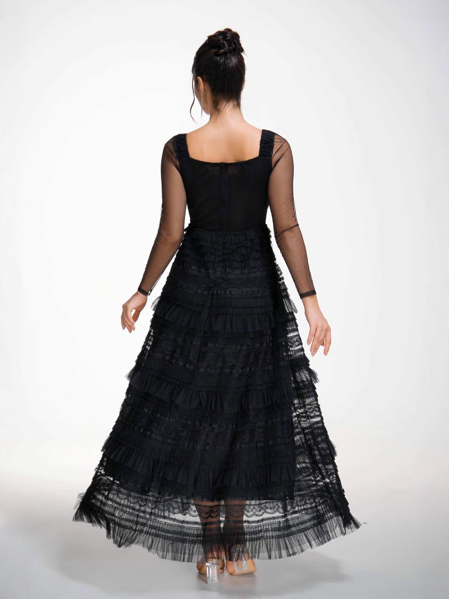 Robe Longue Trapèze Col en Cuillère Manches Longues Robe de Soirée en Noir