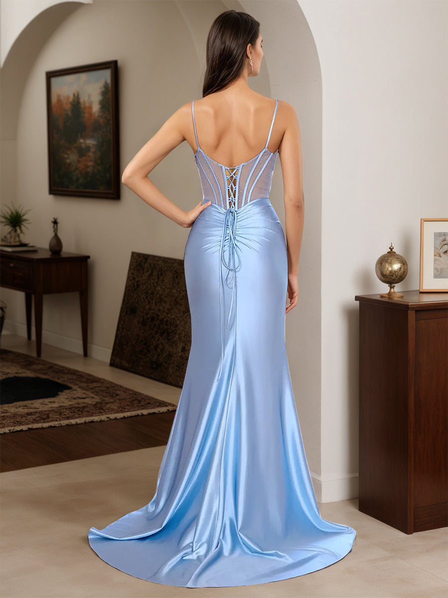 Cicinia Robe de Soirée Bleu Longue Fourreau à Bretelles Spaghetti Dos Nud Fente