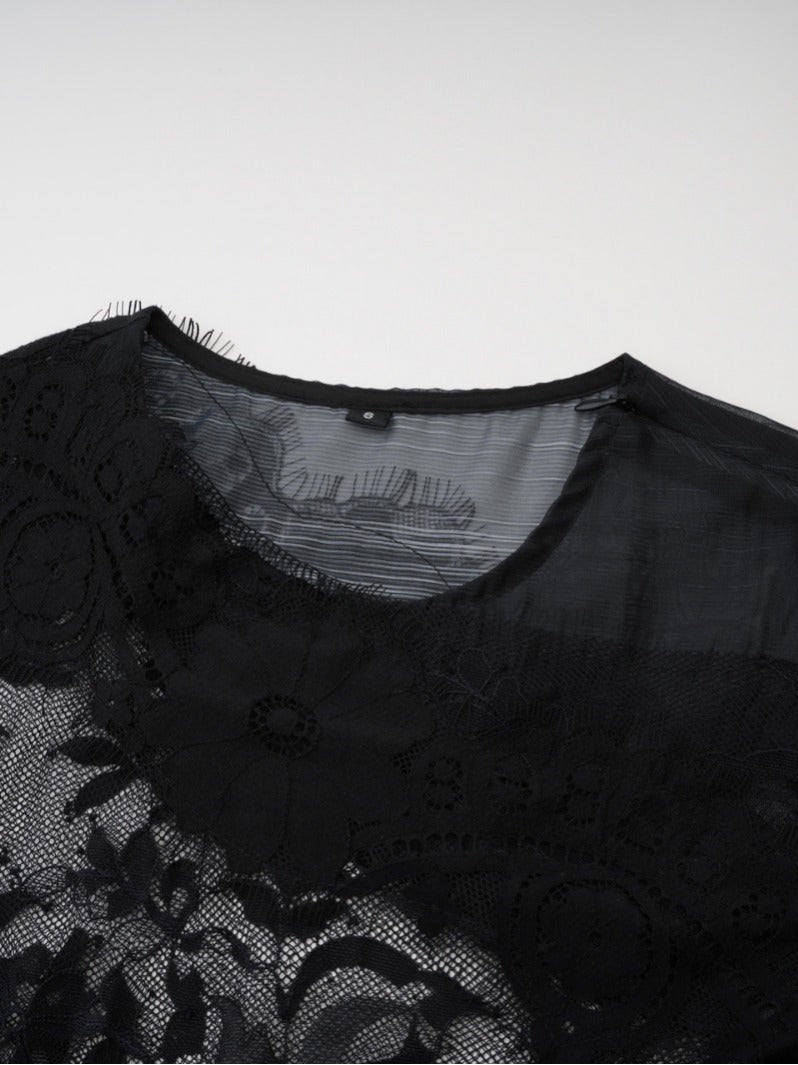 Robe Asymétrique Dentelle Col Rond Manches Longues Robe de Soirée en Noir