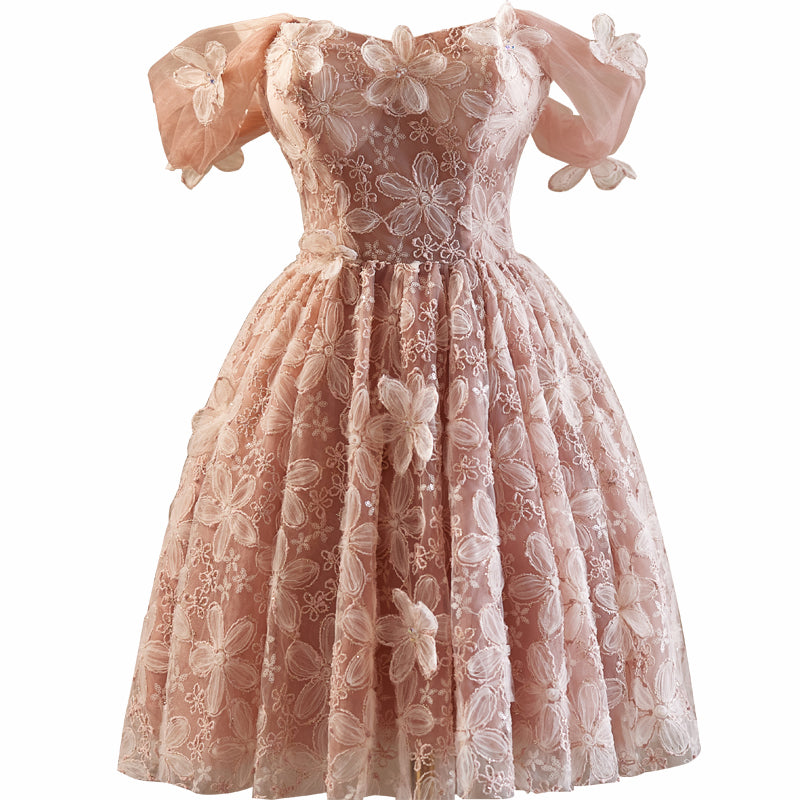 Robe de bal Rose en Tulle et Dentelle à Épaules Dénudées avec Appliques de Fleurs