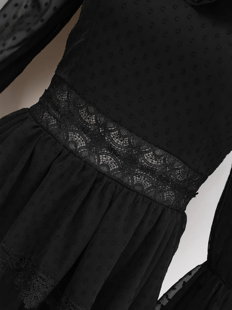 Robe Longue Broderie Empire Col Montant Manches Longues Robe de Soirée en Noir