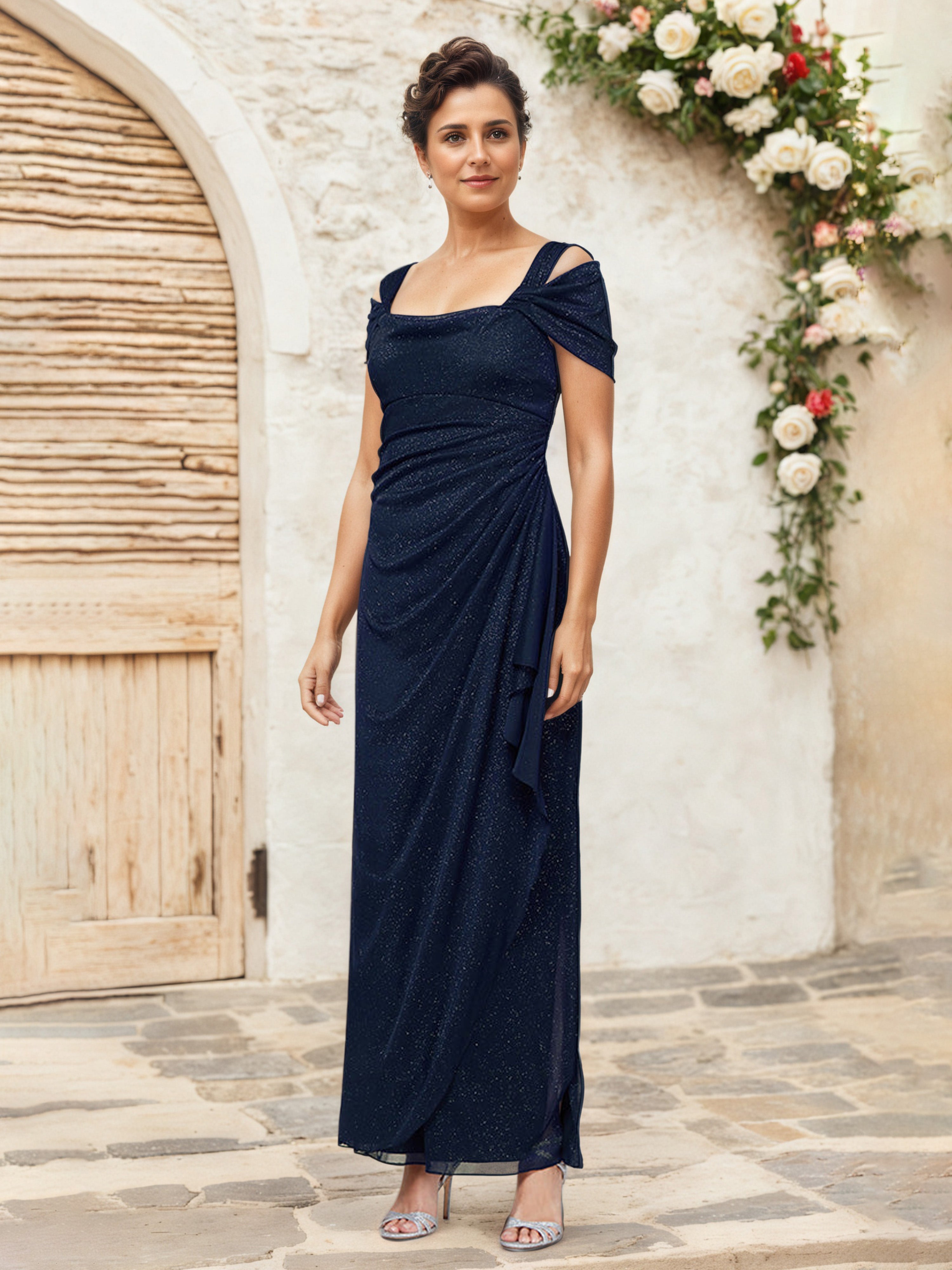 Robe Mere Dela Mariee BLEU MARINE Fourreau/Colonne Épaule Dénudée Robe Pilssée