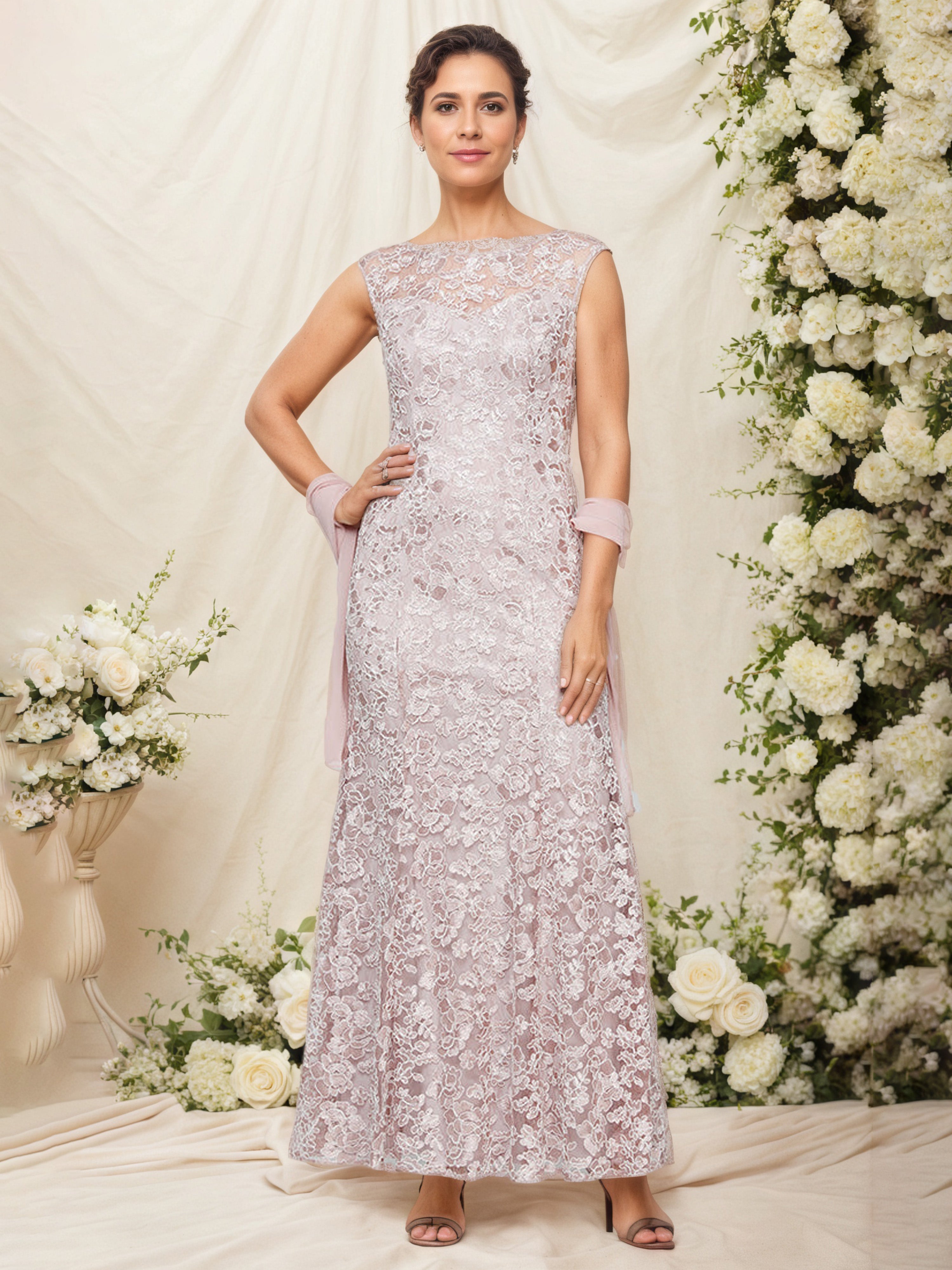 Robe Mère de la Mariée ROSE PERLE Fourreau/Colonne Col ras du cou Manchette Brodée avec Châle