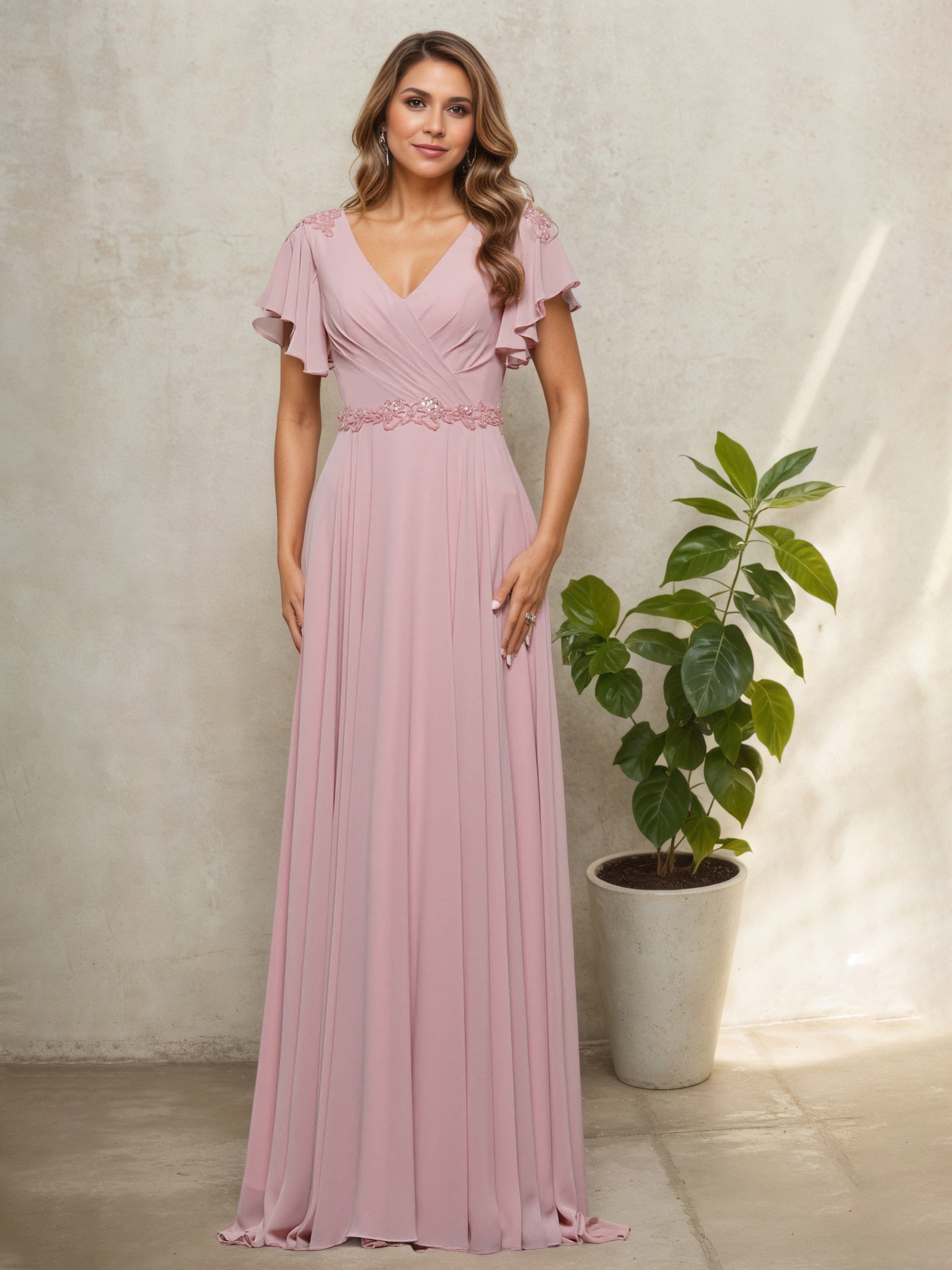 Robe Mère de la Mariée Rose Poudré à Décolleté en V Manches Courtes Brodées de Perles