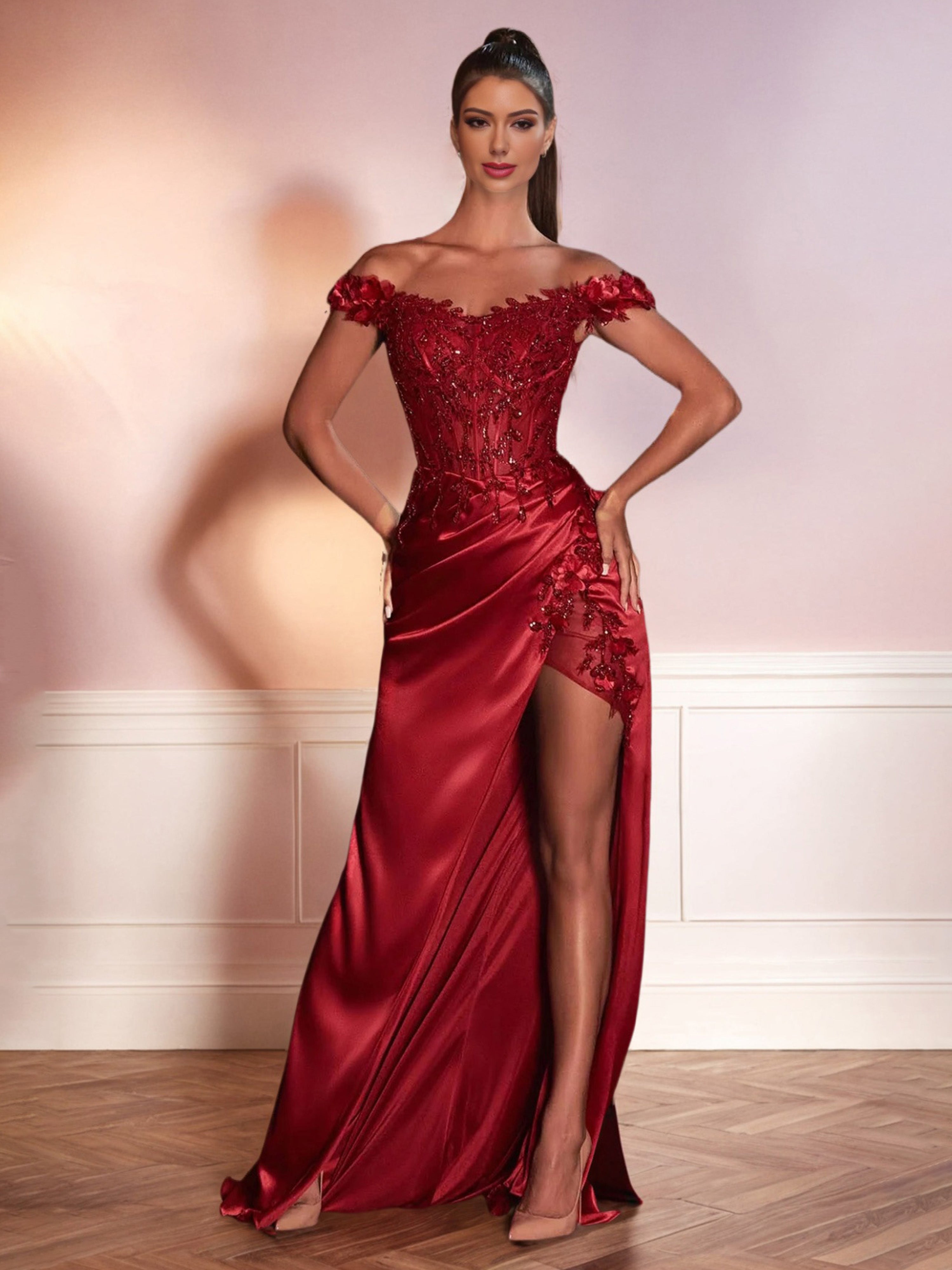 Robe de Soirée Rouge Epaule Dénudée Fourreau Satin Extensible avec Sequins et Appliqués de Fleurs