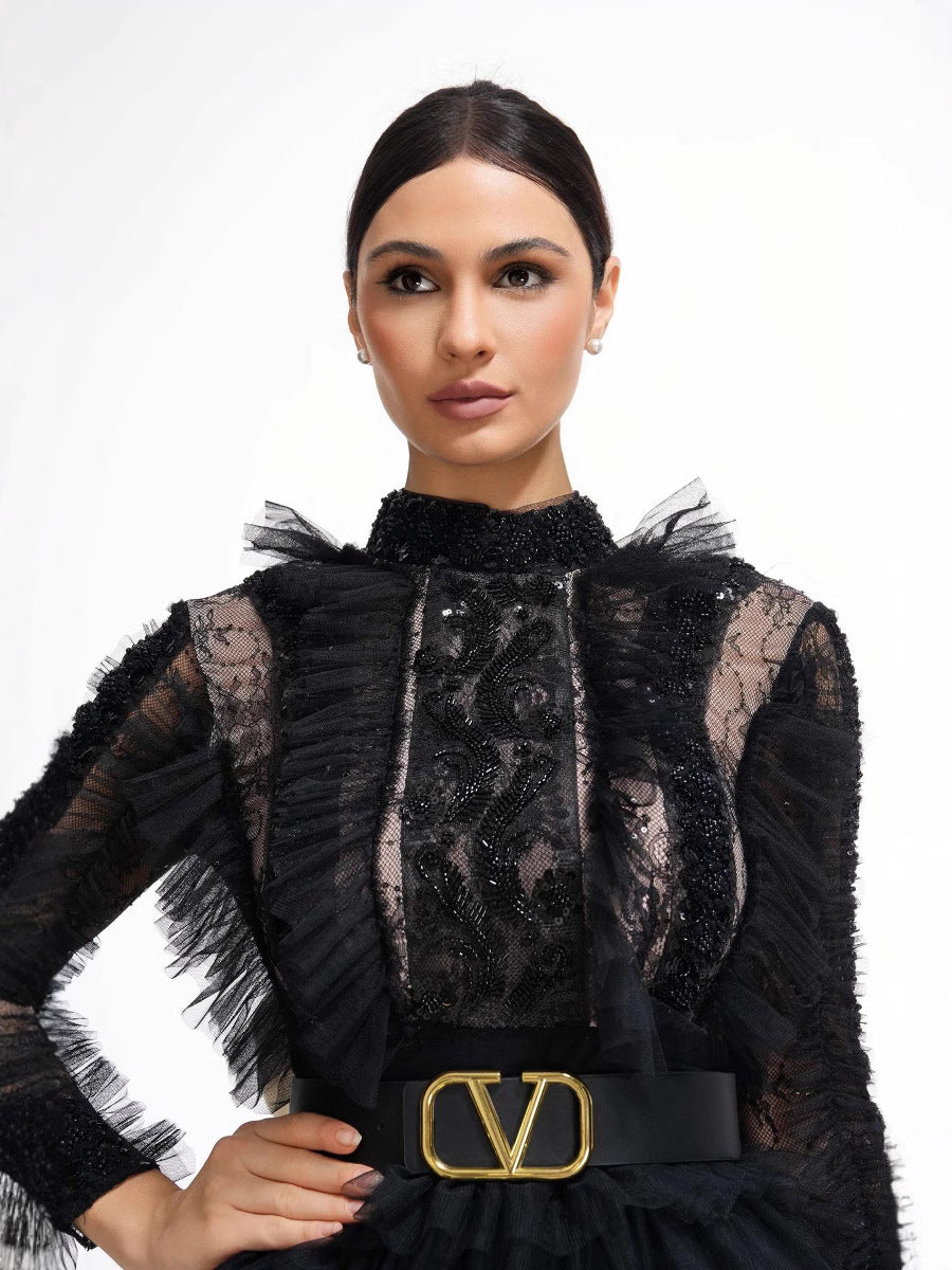 Robe Longue Trapèze Col Montant Manches Longues Robe de Soirée en Noir