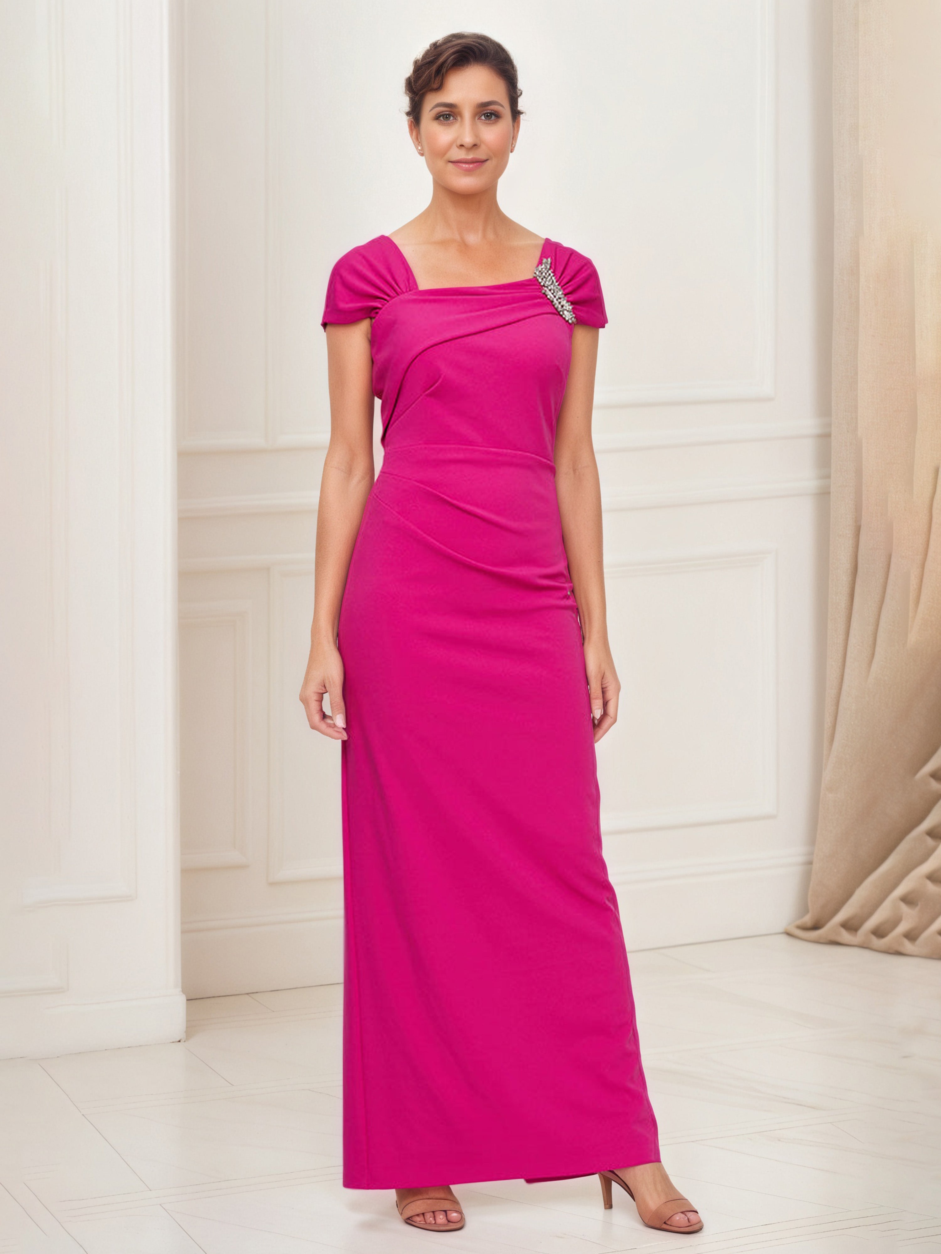 Robe Mère de la Mariée FUCHSIA Robe Longue Fourreau/Colonne Col Carré Manches Courtes