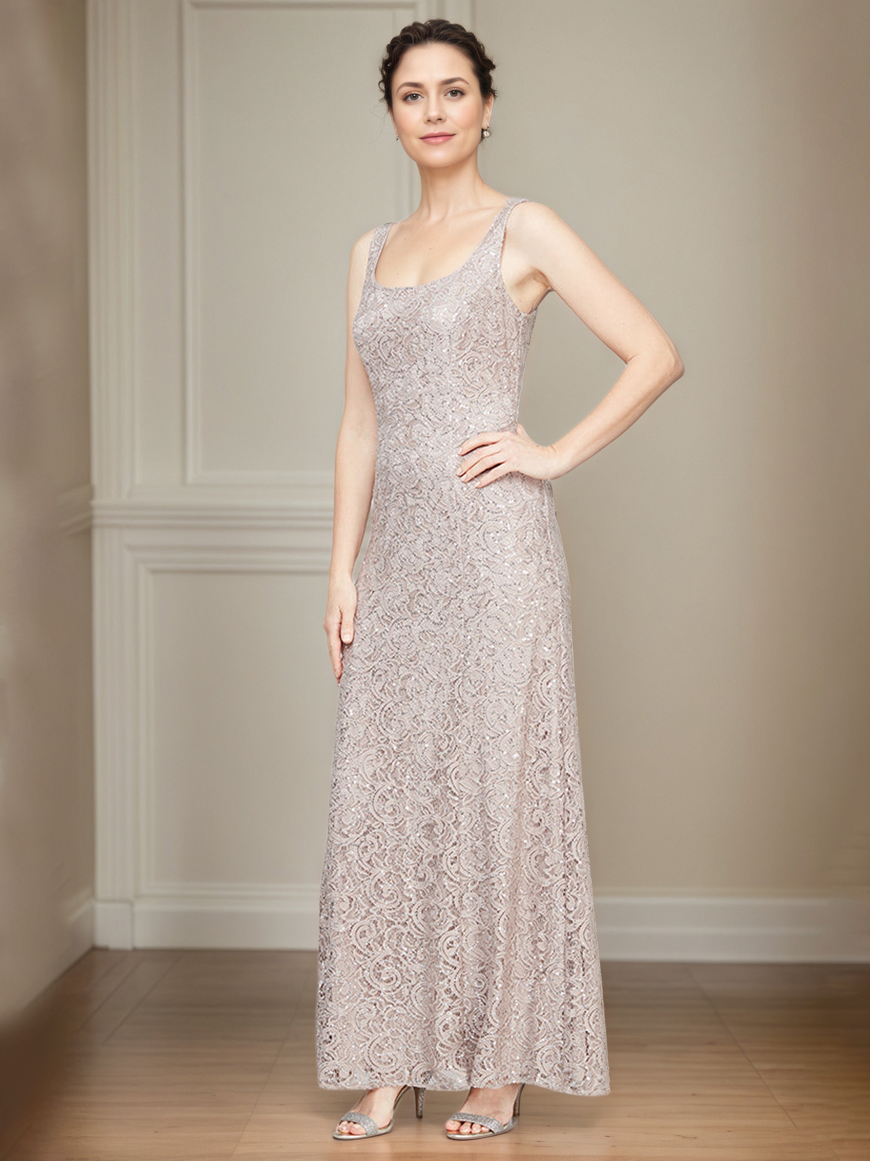 Robe Mère de la Mariée CHAMPAGNE Robe Trapèze en Dentelle à Paillettes Avec Veste Illusion à Manches 3/4