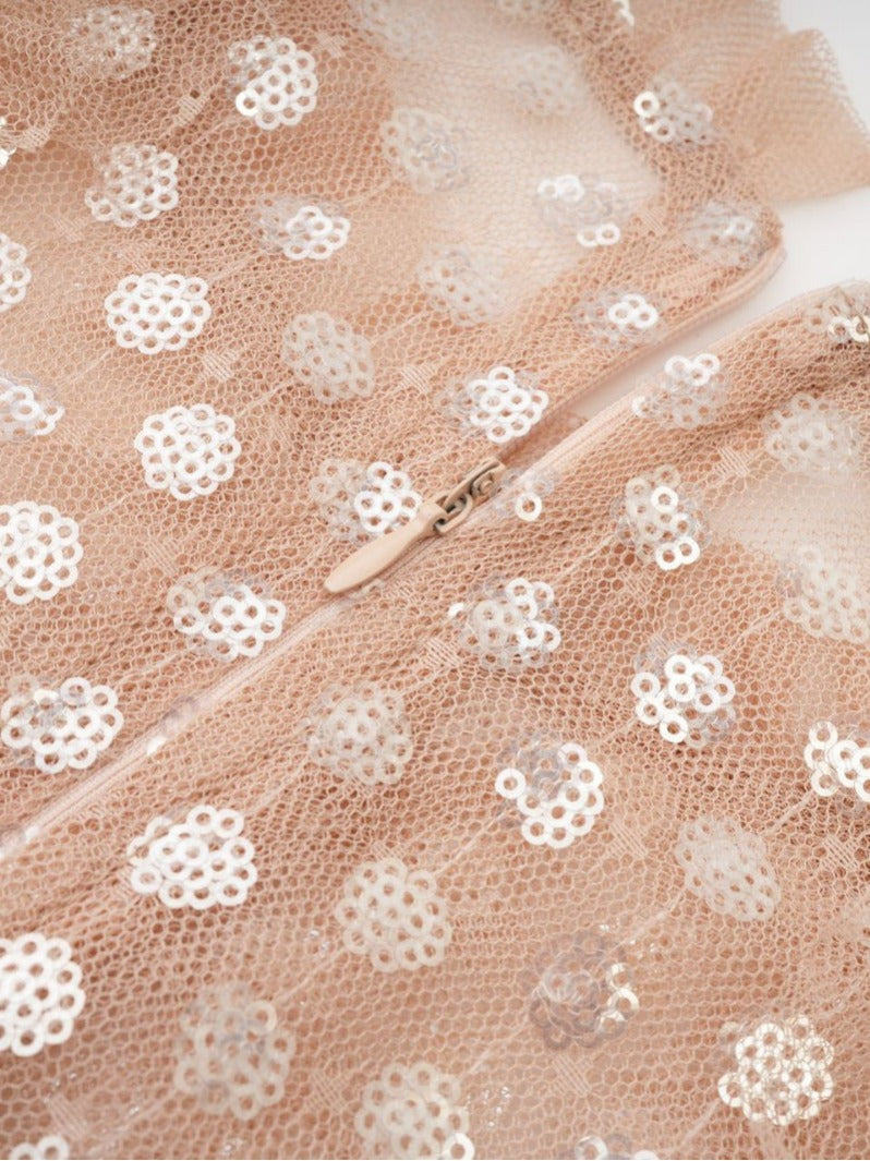 Robe Trapèze Paillettes Col Rond Manches Longues Robe de Soirée en Rose