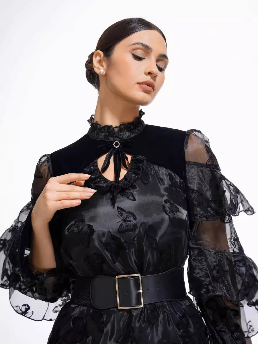 Robe Longue Trapèze Col Roulé Mi-Haut Manches Longues Robe de Soirée en Noir