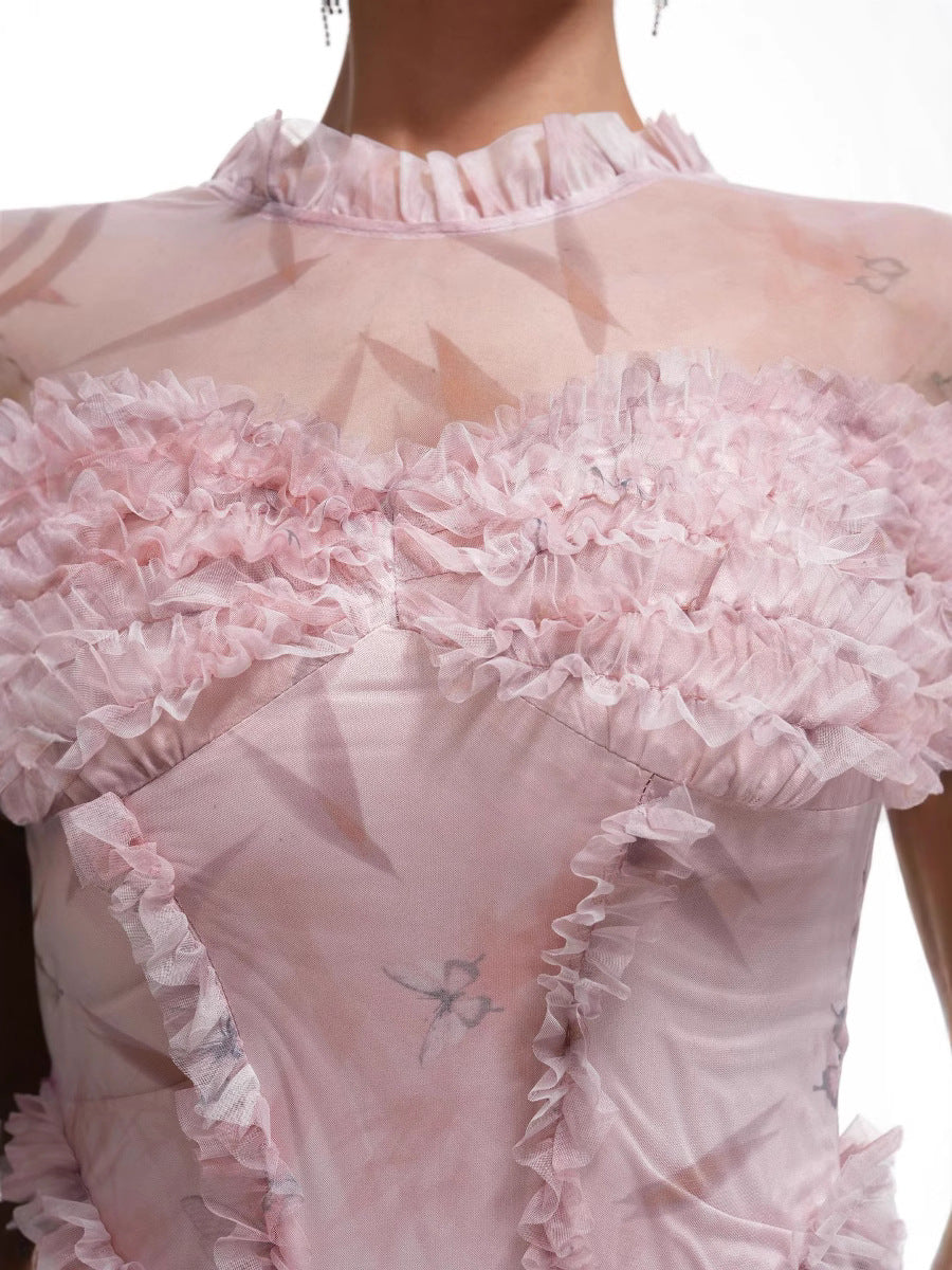 Robe Longue Sirène Col Roulé Mi-Haut à Volants Manches Longues Robe de Soirée