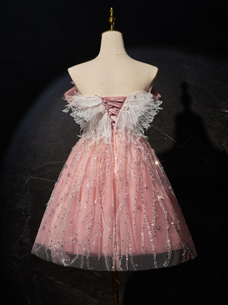 Robe de bal Rose à Épaules Dénudées Tulle Longueur Genou