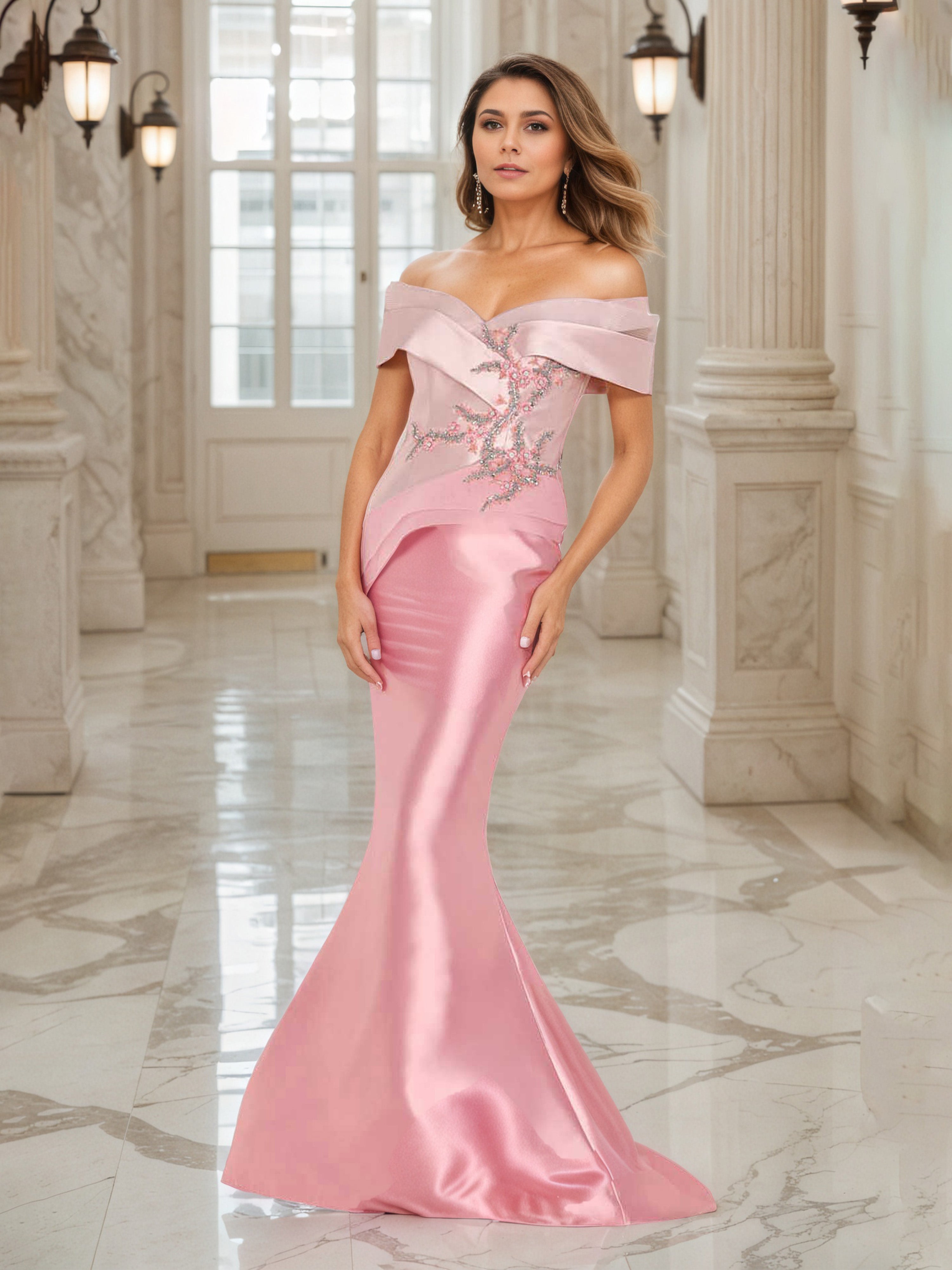 Robe de Soirée FLAMANT Epaules Dénudées avec perles Robe Sirène avec Traîne de balayage / pinceau