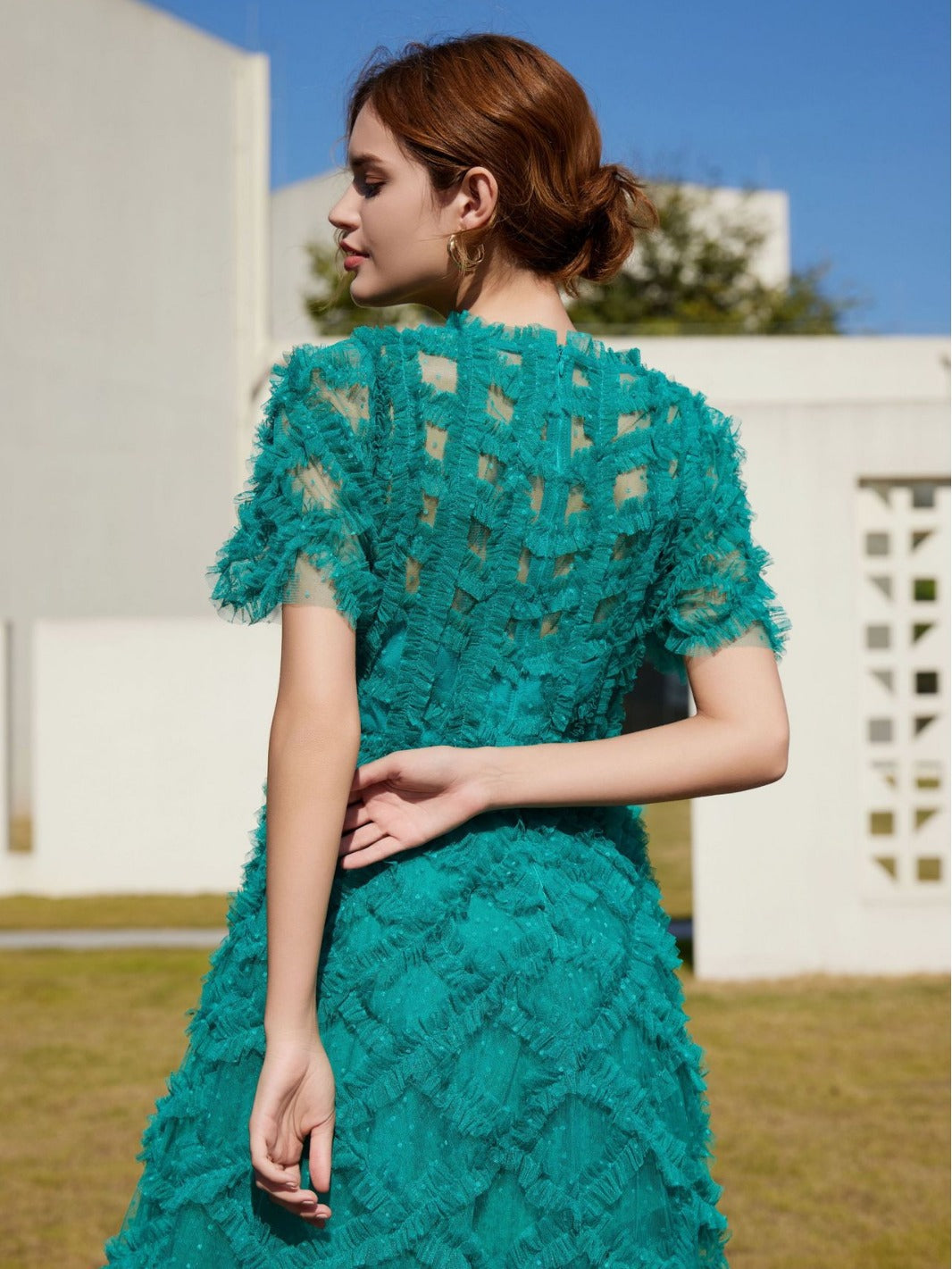 Robe Brodée Trapèze Col Rond Manches Courtes Robe de Soirée en Vert Foncé