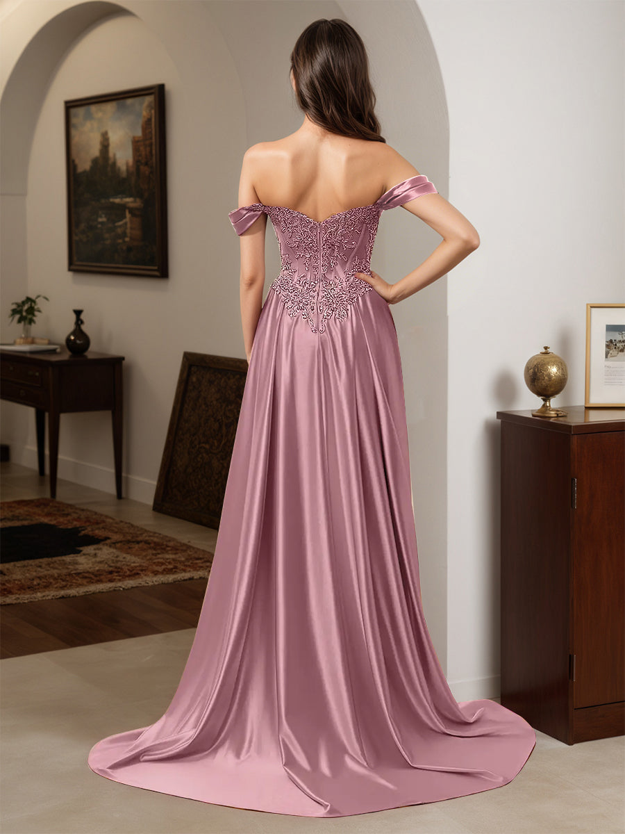 Cicinia Robe de Soirée VINTAGE MAUVE Longue Fourreau Appliqués Dentelle Épaules Dénudées