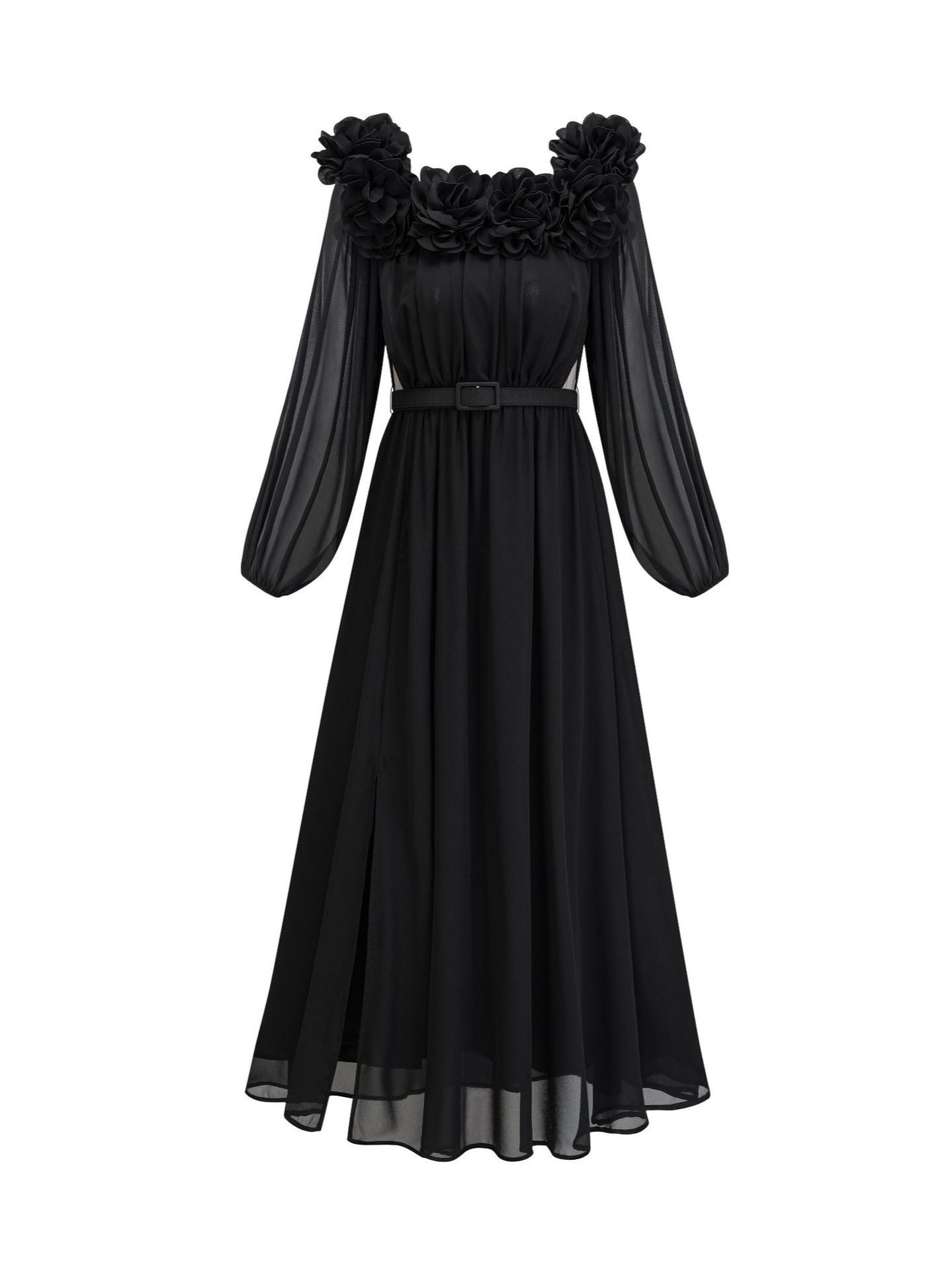 Robe Trapèze Col Carré Manches Longues Robe de Soirée en Noir