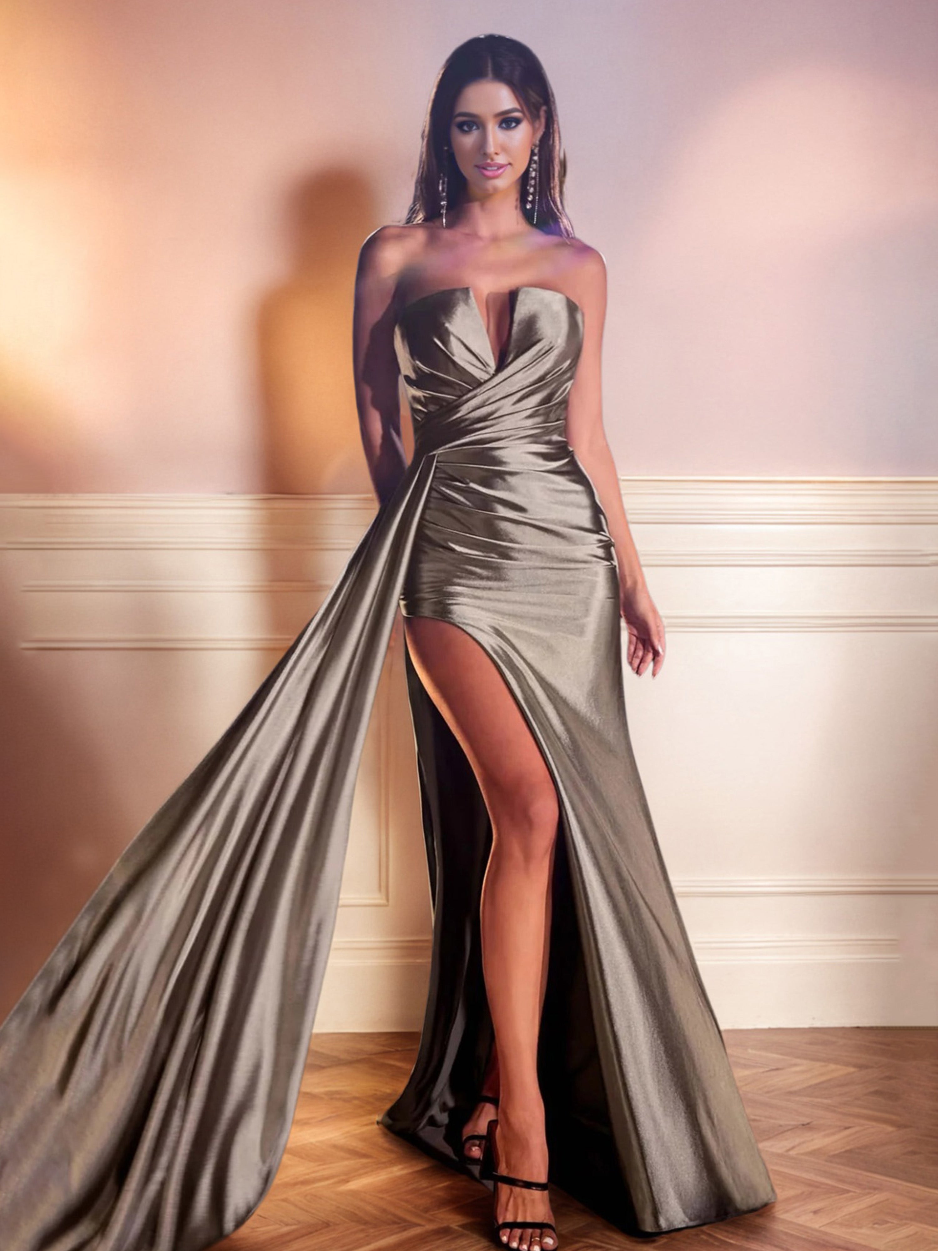Robe de Soirée MOKA Col Bustier Sirène Satin Extensible Robe plissées à Fente Haute avec Traîne