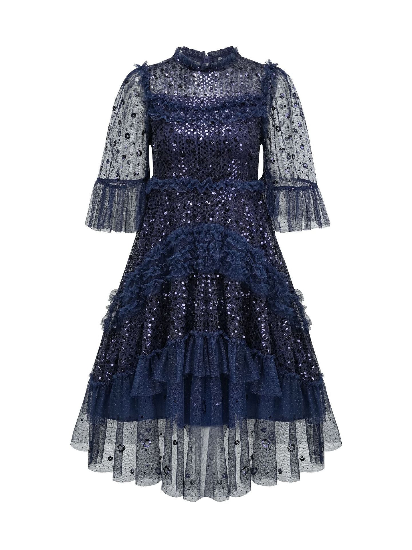 Robe Courte Trapèze Col Rond Paillettes Manches 3/4 Robe de Soirée en Bleu Marine