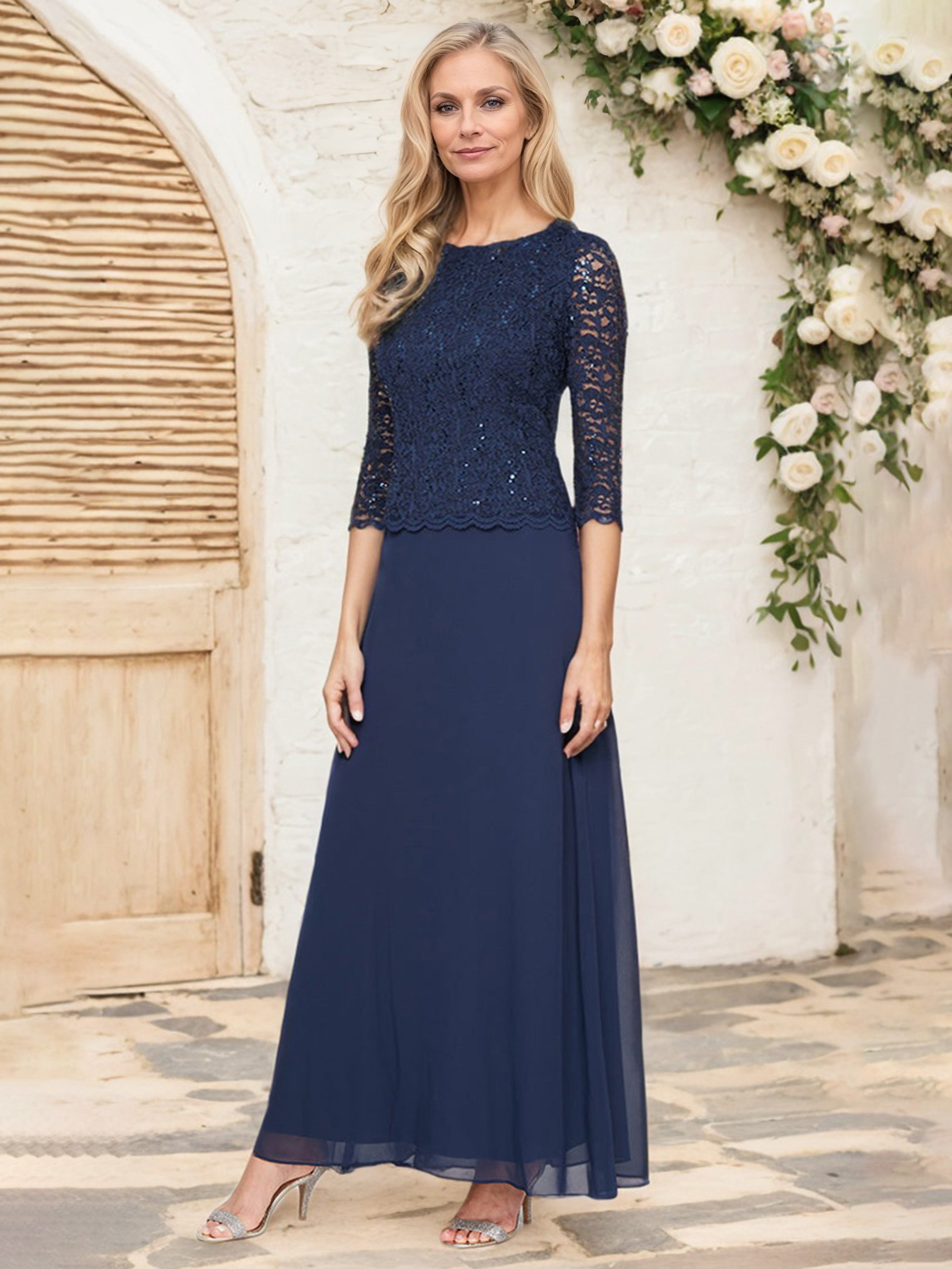 Robe Cérémonie Mariage Mère Du Marié BLEU_MARINE Manches 3/4 Dentelle et Mousseline Robe Mère de la Mariée