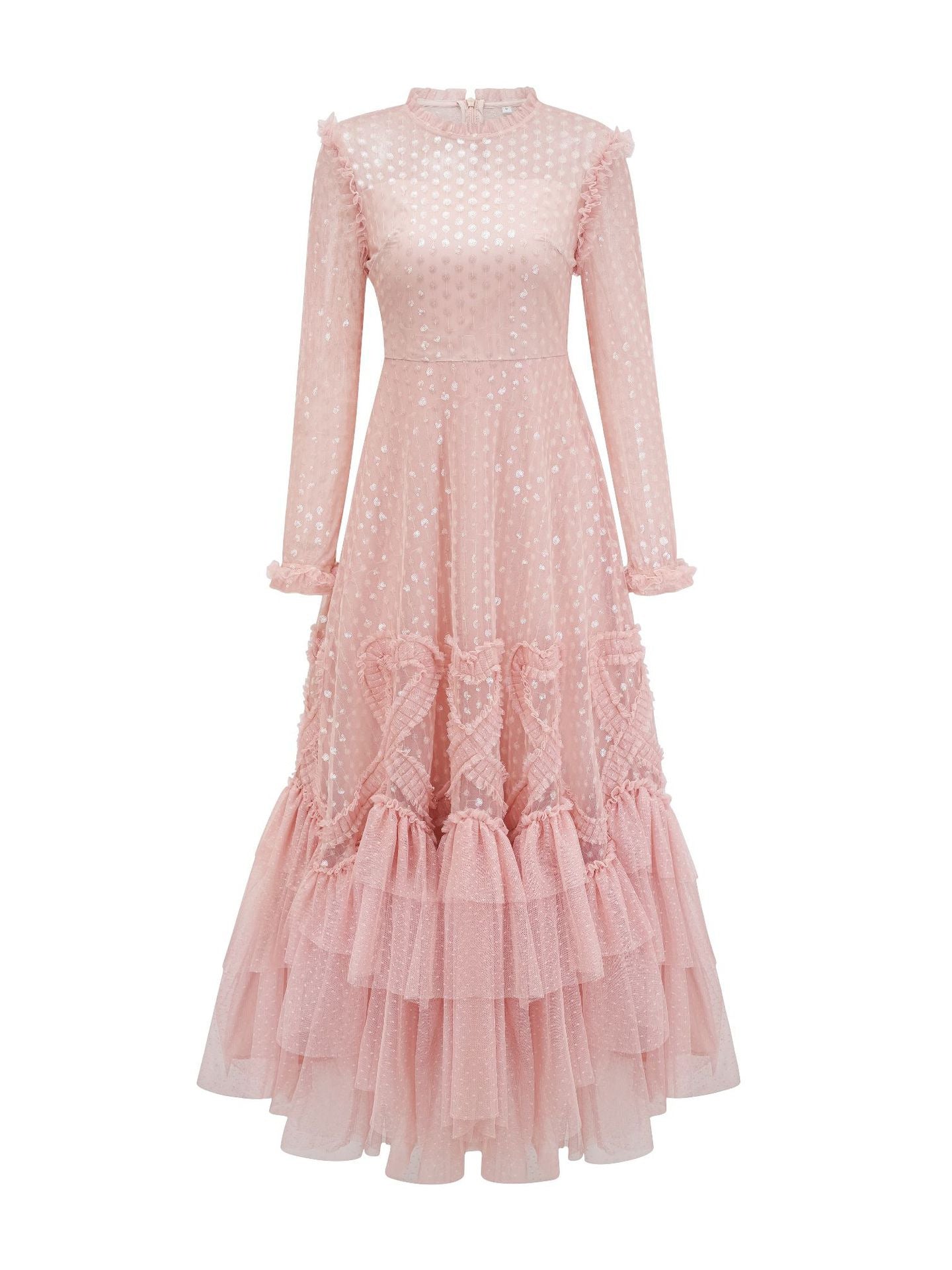 Robe Longue Paillettes Trapèze Col Rond Manches Longues Robe de Soirée en Rose